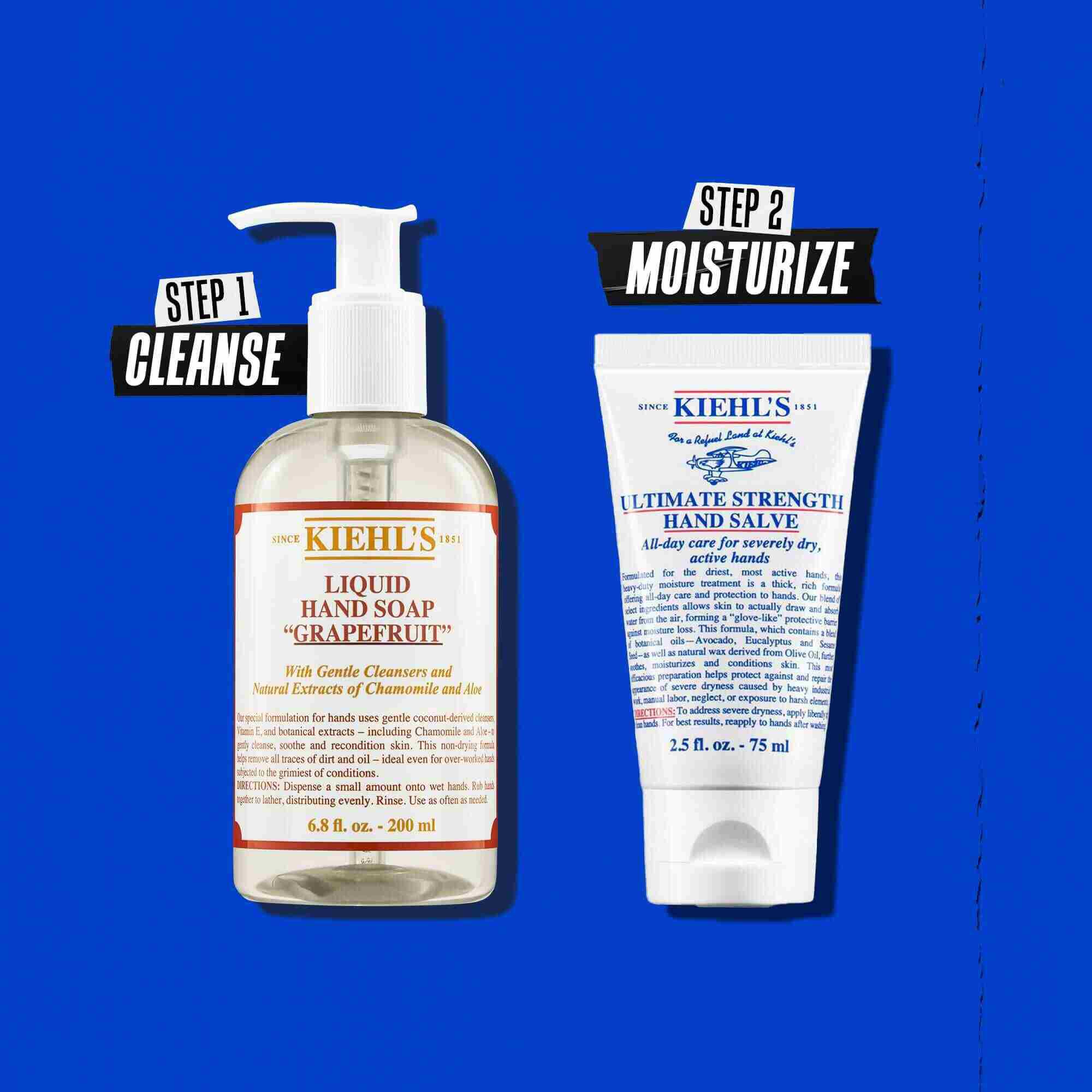 Kiehl's Ultimate Strength Hand Salve routine illustration – Cleanse, Moisturize