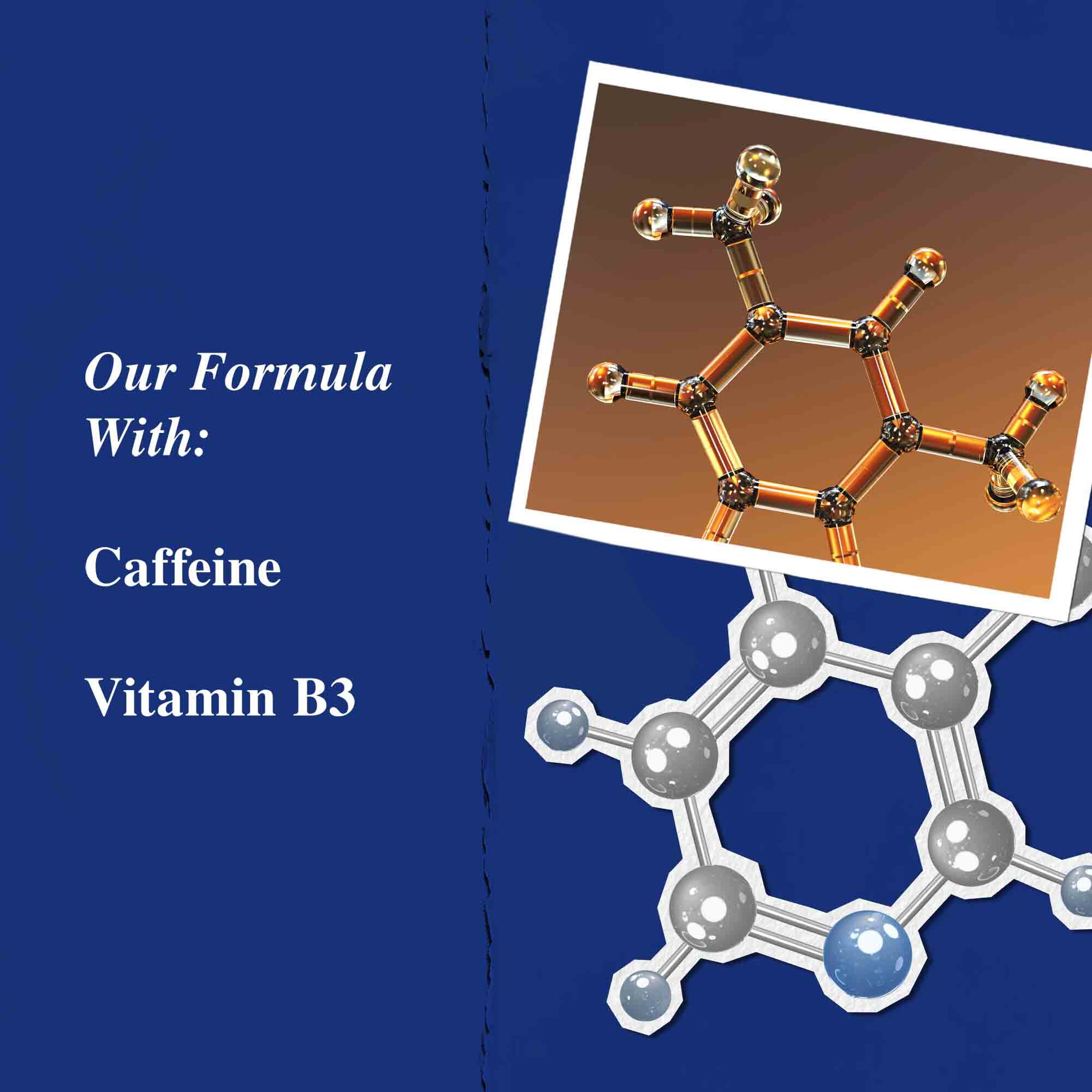 Anahtar icerikler grafiği, Kafein ve Vitamin B3'e vurgu yapıyor.
