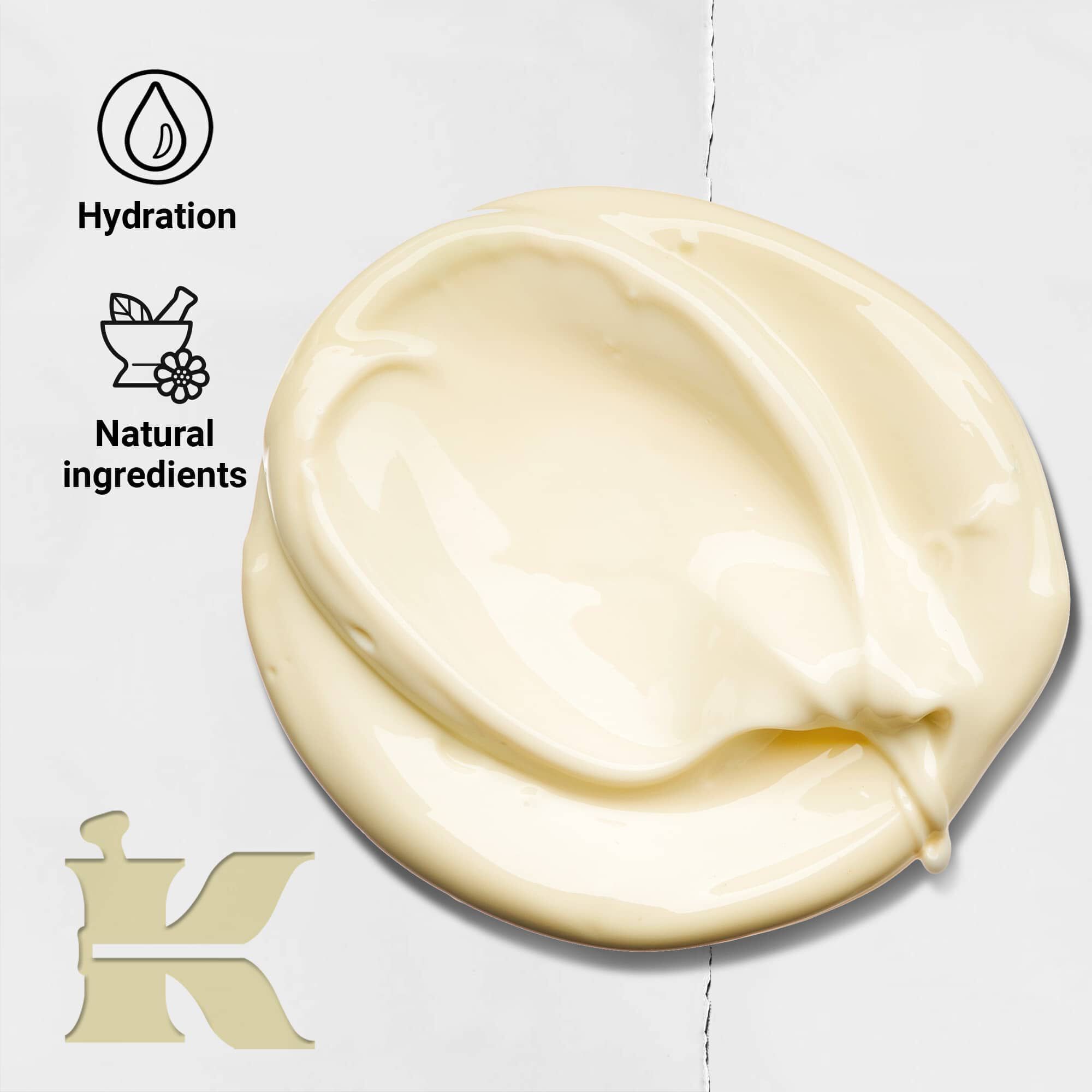 Creme de Corps texture photo with icons stating it offers hydration and contains natural ingredients