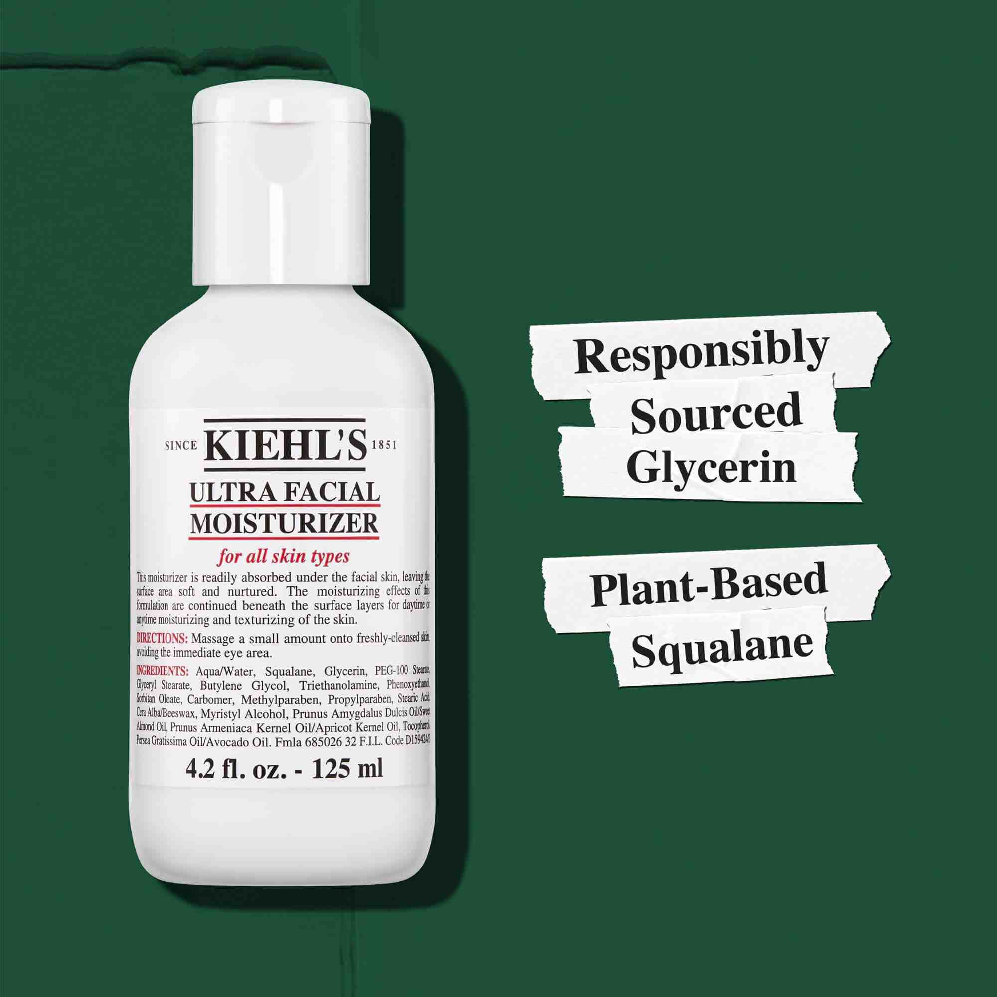 Kiehl's Ultra Facial Moisturizer features responsibly sources Glycerin and plant-based Squalane