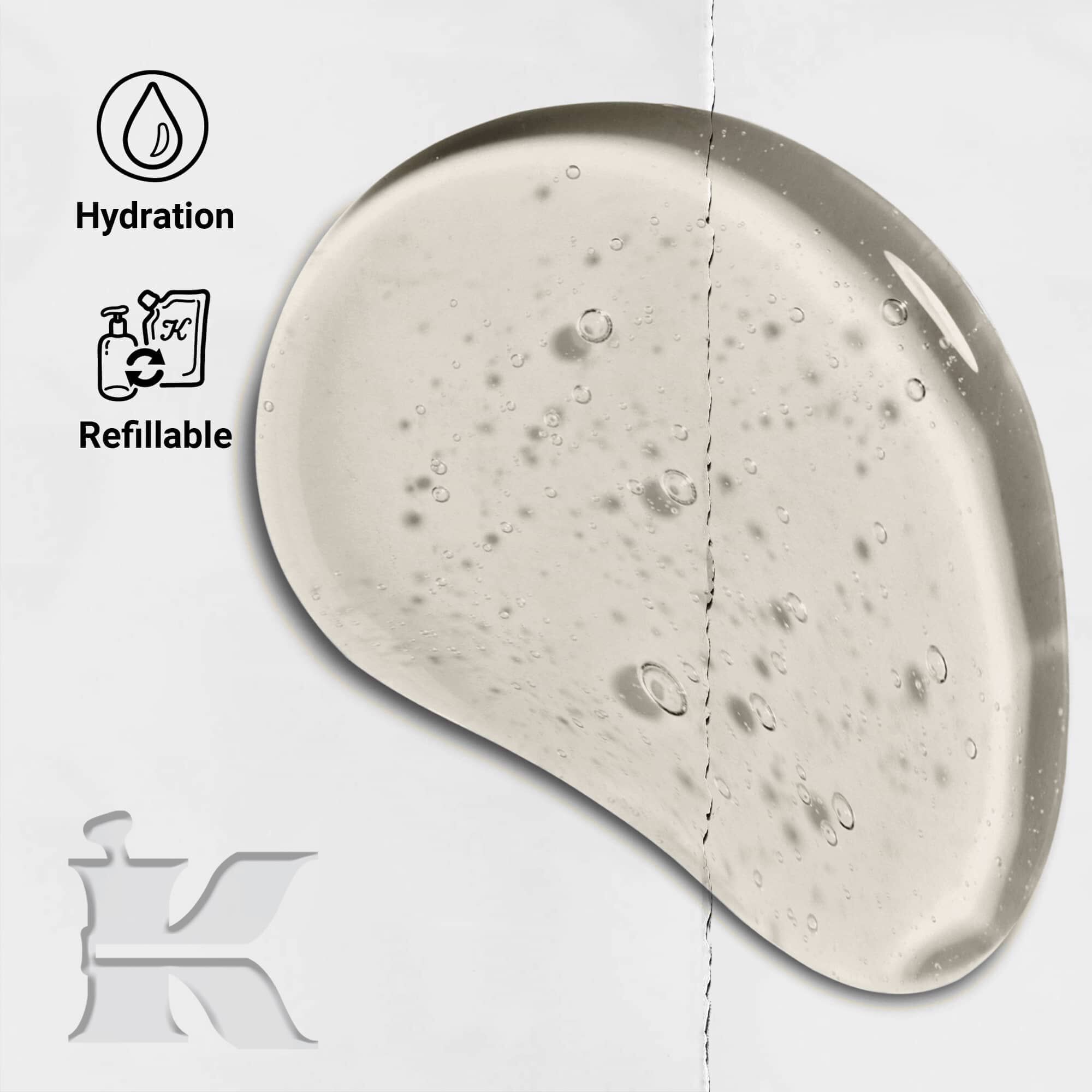 Amino Acid Shampoo texture photo with icons showing it is refillable and offers hydration