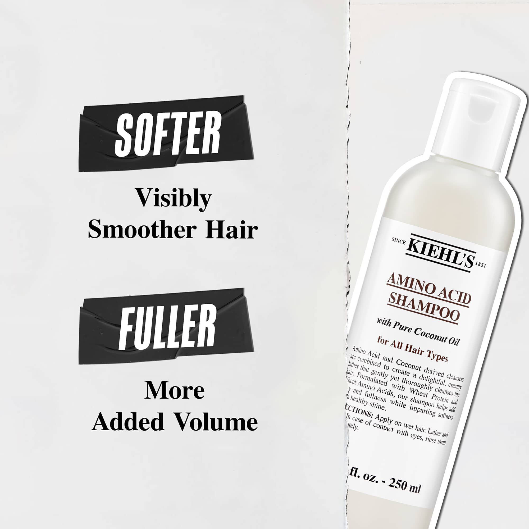 Kiehl's Amino Acid Shampoo bottle, featuring benefits: "Softer, visibly smoother hair" and "Fuller, more added volume"