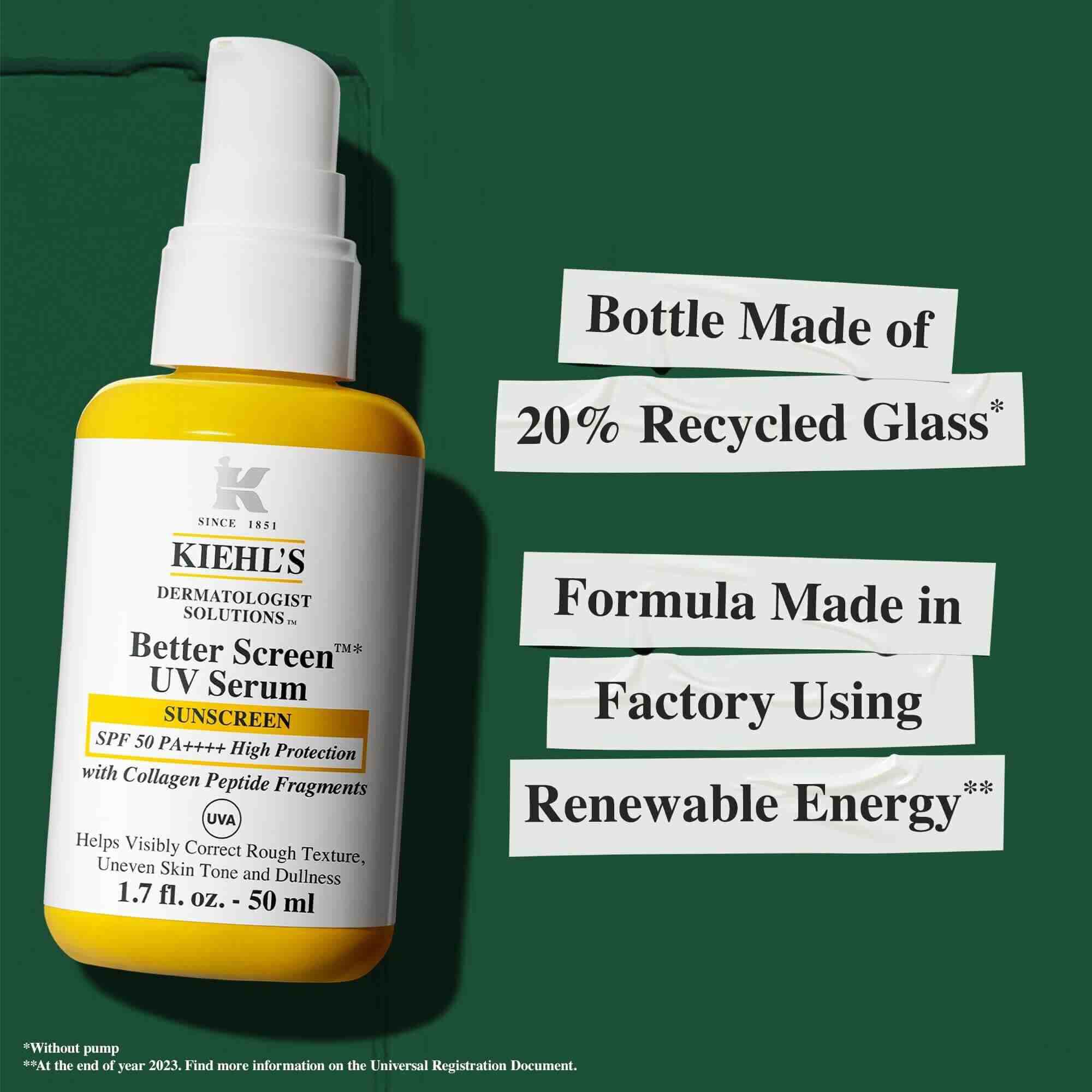Kiehl's Better Screen UV Serum, SPF 50, in a bottle made from 20% recycled glass, sustainably produced with renewable energy