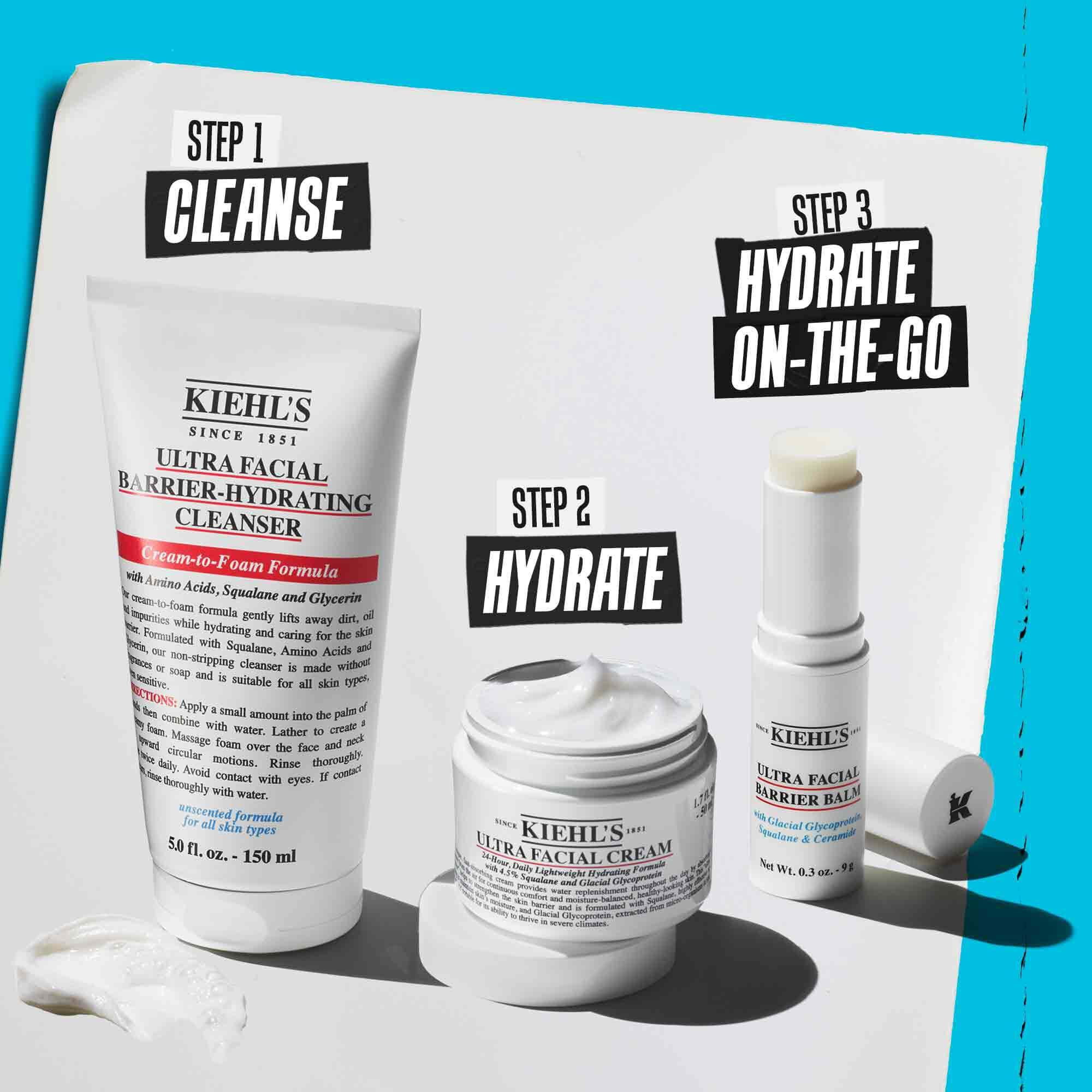Adım 1: Kiehl's Ultra Facial Barrier-Hydrating Cleanser
          Adım 2: Ultra Facial Cream
          Adım 3: Ultra Facial Barrier Balm