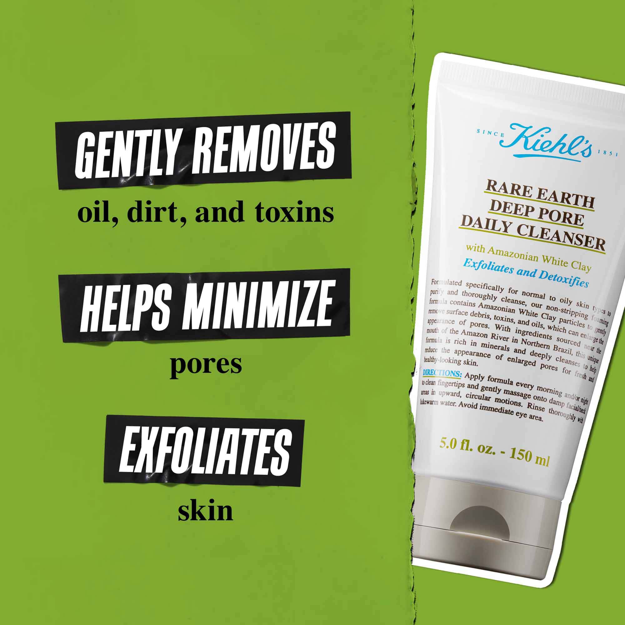 Yeşil bir zemin uzerinde Rare Earth Deep Pore Daily Cleanser tupu ve şu metin: "Ciltteki kiri, yağı ve toksinleri nazikce temizler. Gozeneklerin gorunumunu kucuk tutar. Cildi arındırır ve derinlemesine temizler."