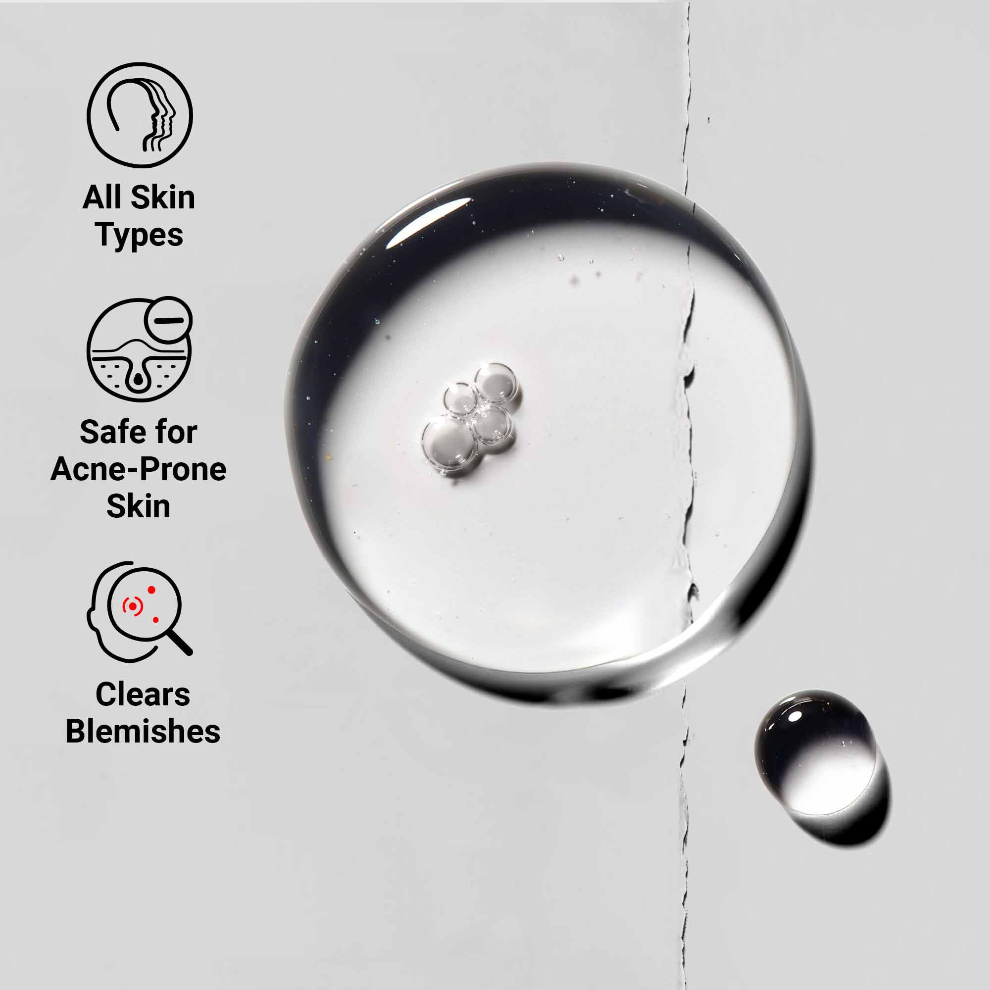A close-up of the Truly-Targeted Blemish-Clearing Solution texture showing clear liquid with droplets. Text highlights its suitability for all skin types, safety for acne-prone skin, and blemish-clearing benefits.