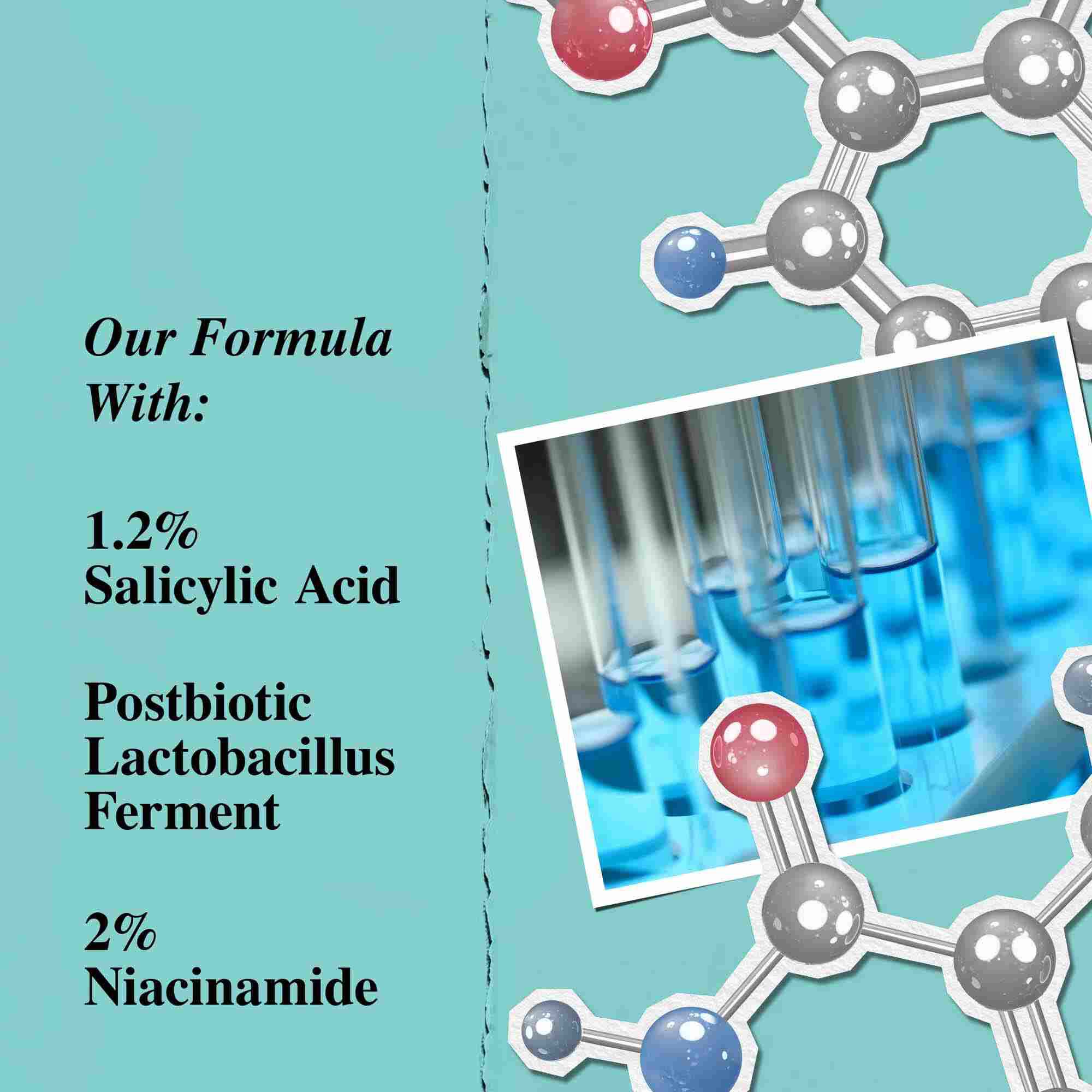 A graphic highlighting the key ingredients of Expertly Clear Blemish-Treating & Preventing Lotion, including Salicylic Acid, Postbiotic Lactobacillus Ferment, and Niacinamide.