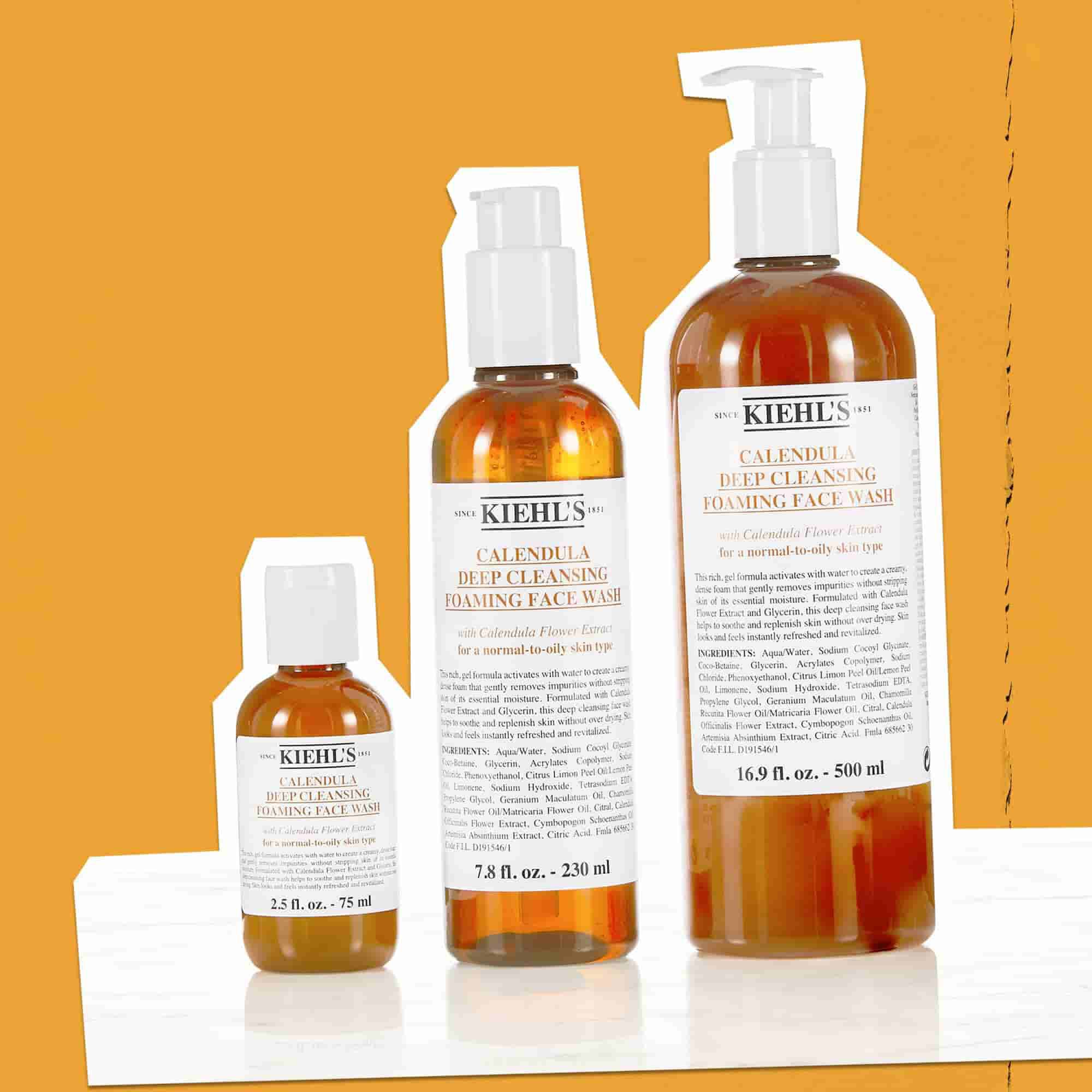 Three Calendula Foaming Face Wash bottles in sizes from 2.5 fl. Oz. – 75 ml to 16.9 fl. Oz. – 500 ml