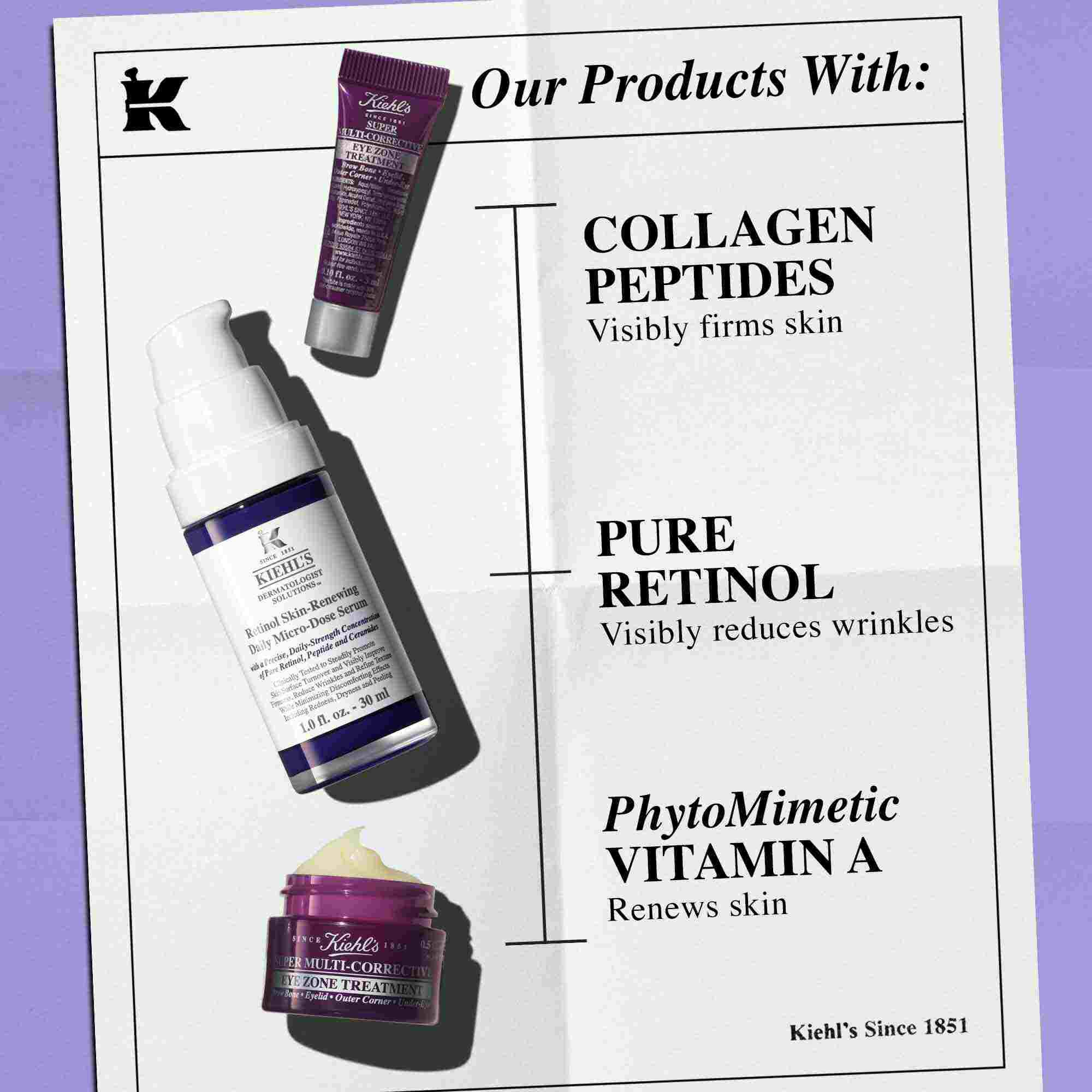 Kiehl’s yaşlanma karşıtı urunleri, goz kremi, retinol serumu ve cok yonlu duzeltici kremi icerir; temel bileşenler arasında Kolajen Peptitler, Saf Retinol ve FitoMimetik A Vitamini one cıkar.