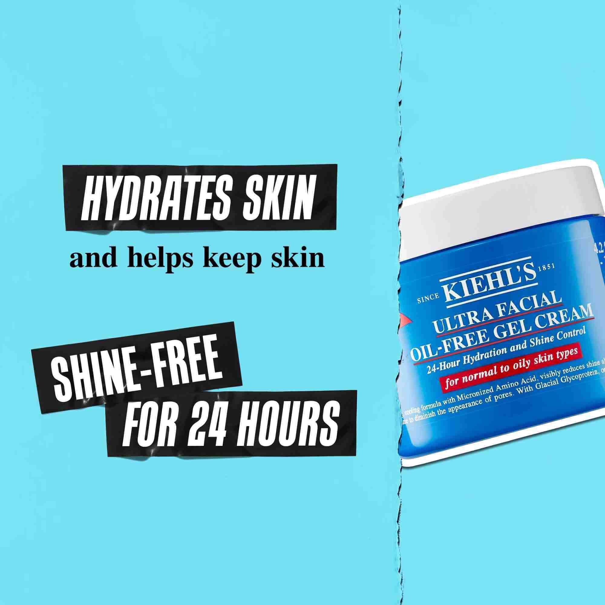 A jar of Ultra Facial Oil-Free Gel Cream against a blue background with text reading "Hydrates skin and helps keep skin shine-free for 24 hours."