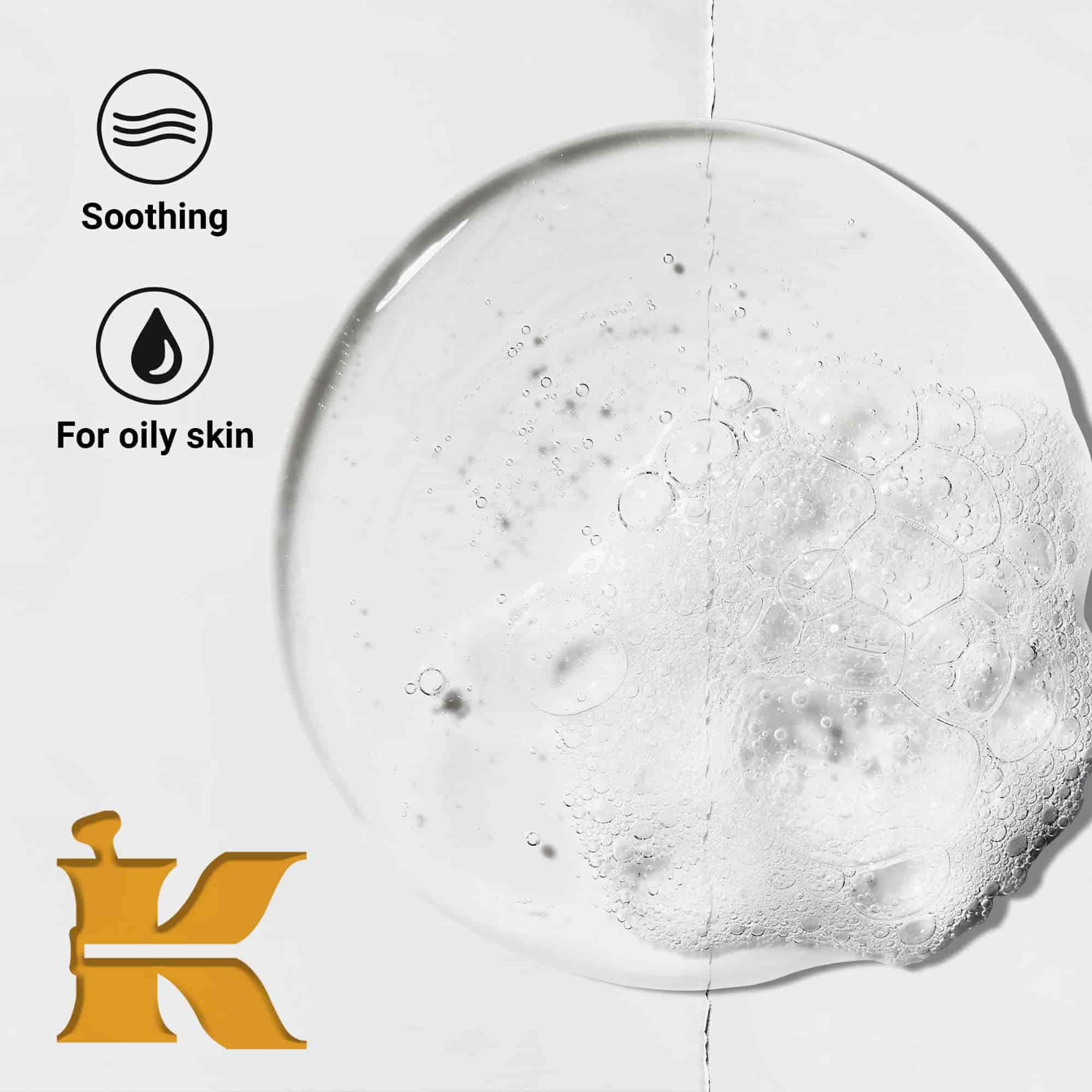 Product texture photo with icons stating it is soothing and formulated for oily skin