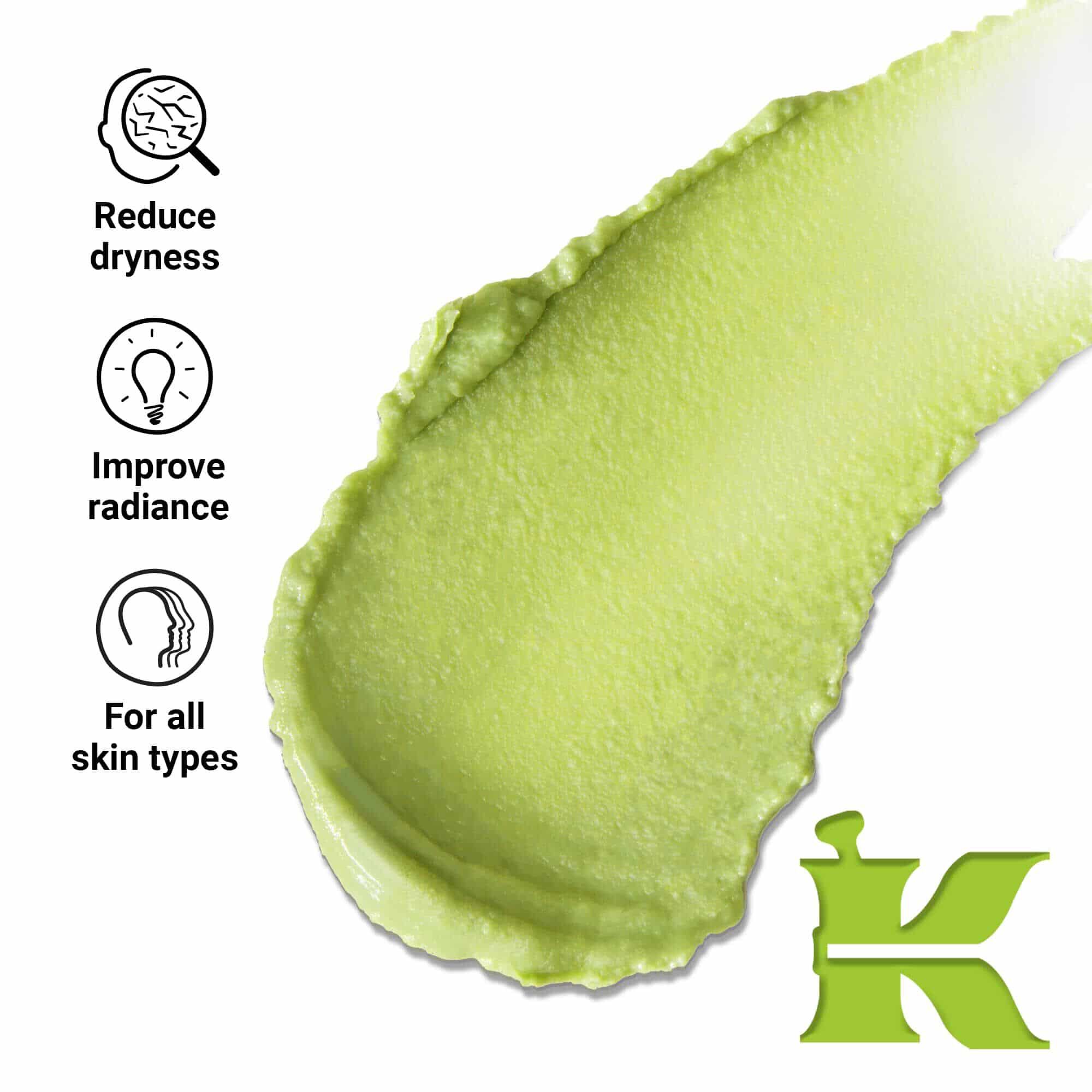 Product texture photo with icons - it can reduce dryness and increase radiance for all skin types