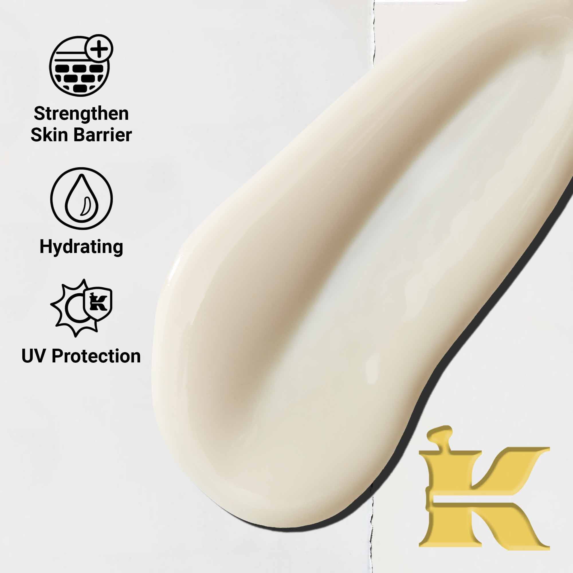 A close-up of Ultra-Light Daily UV Defense texture. Text highlights its lightweight, hydrating, and broad-spectrum UV protection.