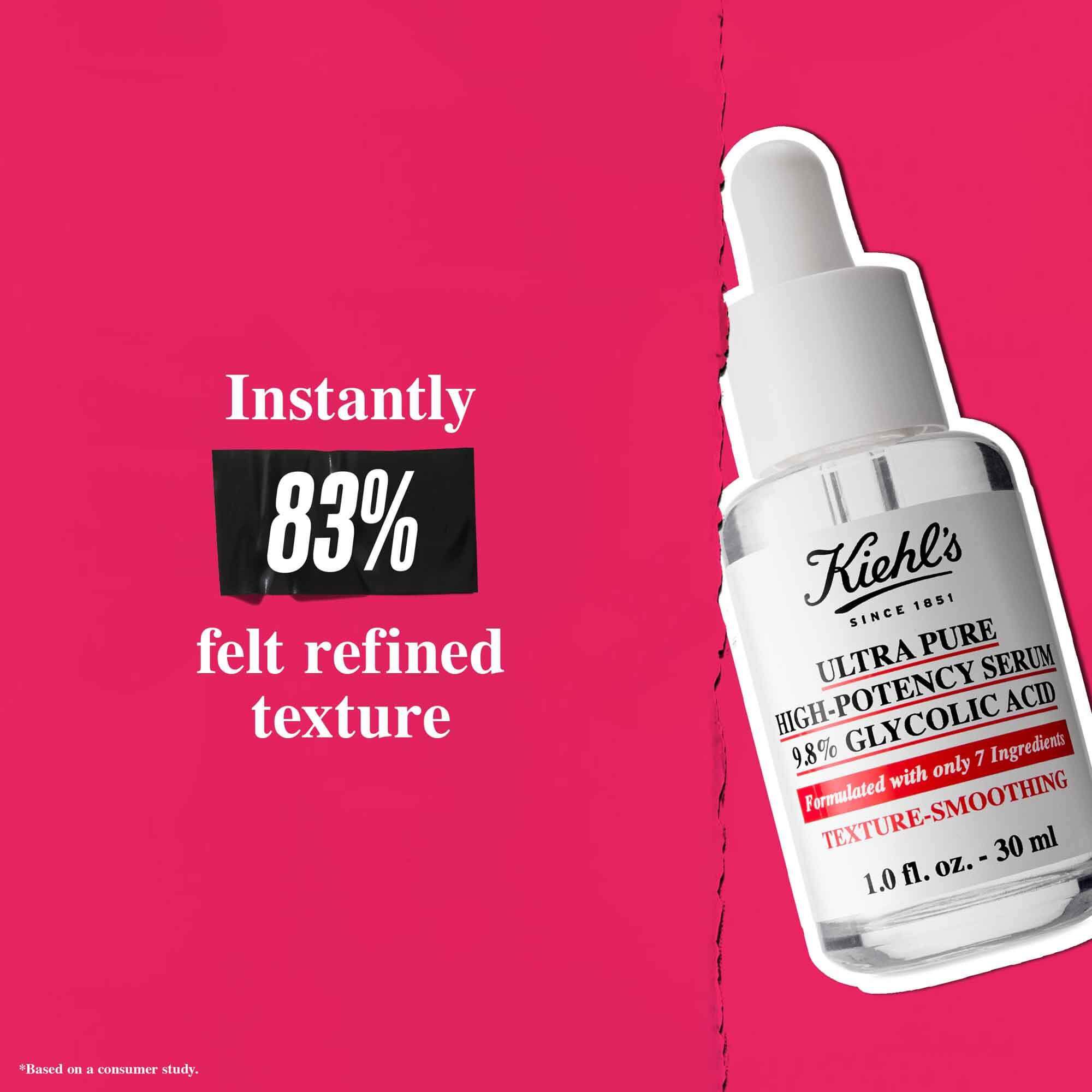 Pembe bir arka plan uzerinde Ultra Pure %9.8 Glycolic Acid Serum şişesi ve "Anında %83'u daha puruzsuz bir doku hissetti" yazısı.
