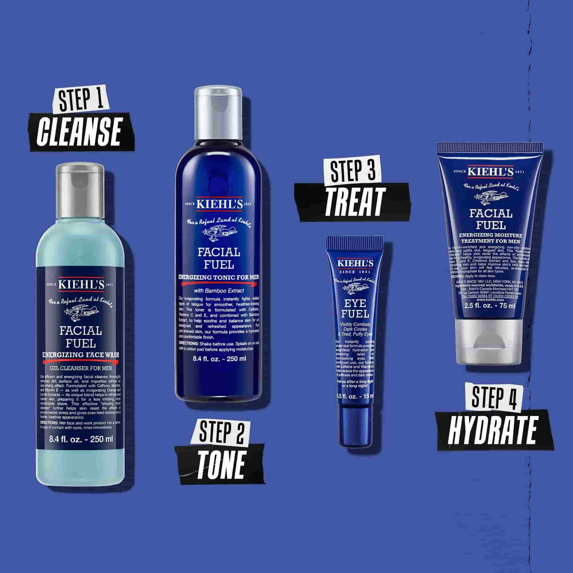 Facial Fuel Energizing Moisture Treatment for Men routine illustration- Cleanse, Tone, Treat, Hydrate