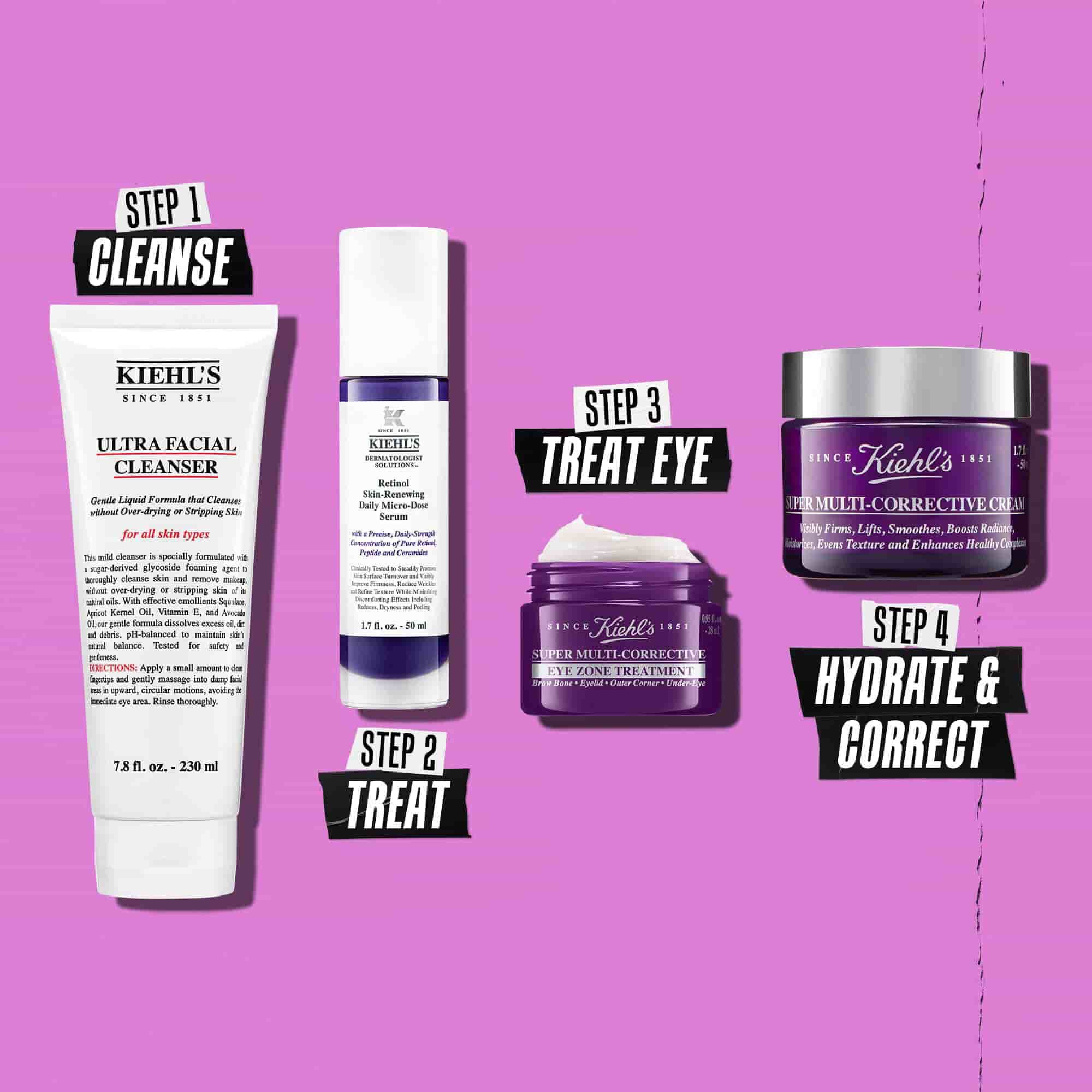 Super Multi-Corrective Eye Zone Treatment routine illustration – Cleanse, Treat, Treat Eye, Hydrate & Correct