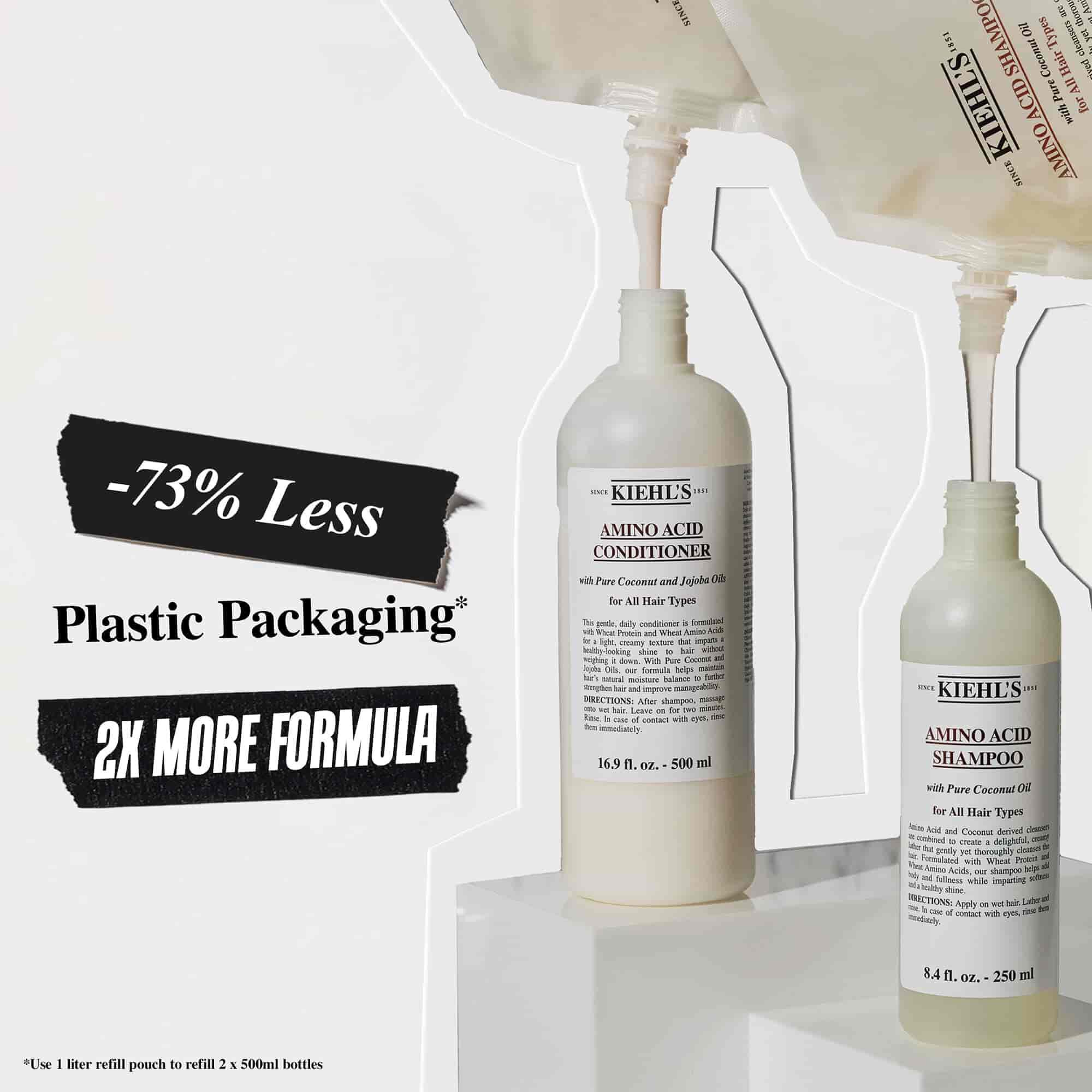 73% less plastic packaging and 2x more formula with Kiehl's Amino Acid Conditioner refill pouch