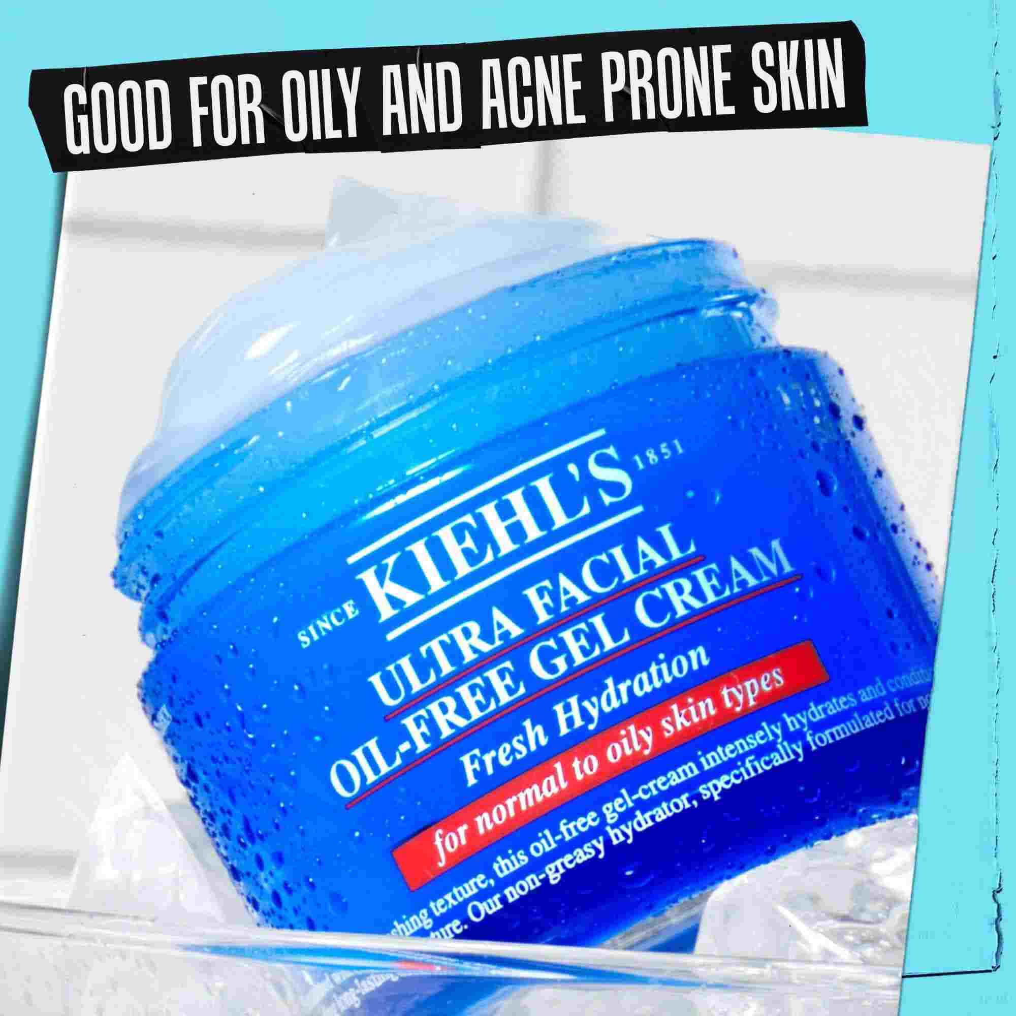 A jar of Ultra Facial Oil-Free Gel Cream labeled "Good for oily and acne prone skin."