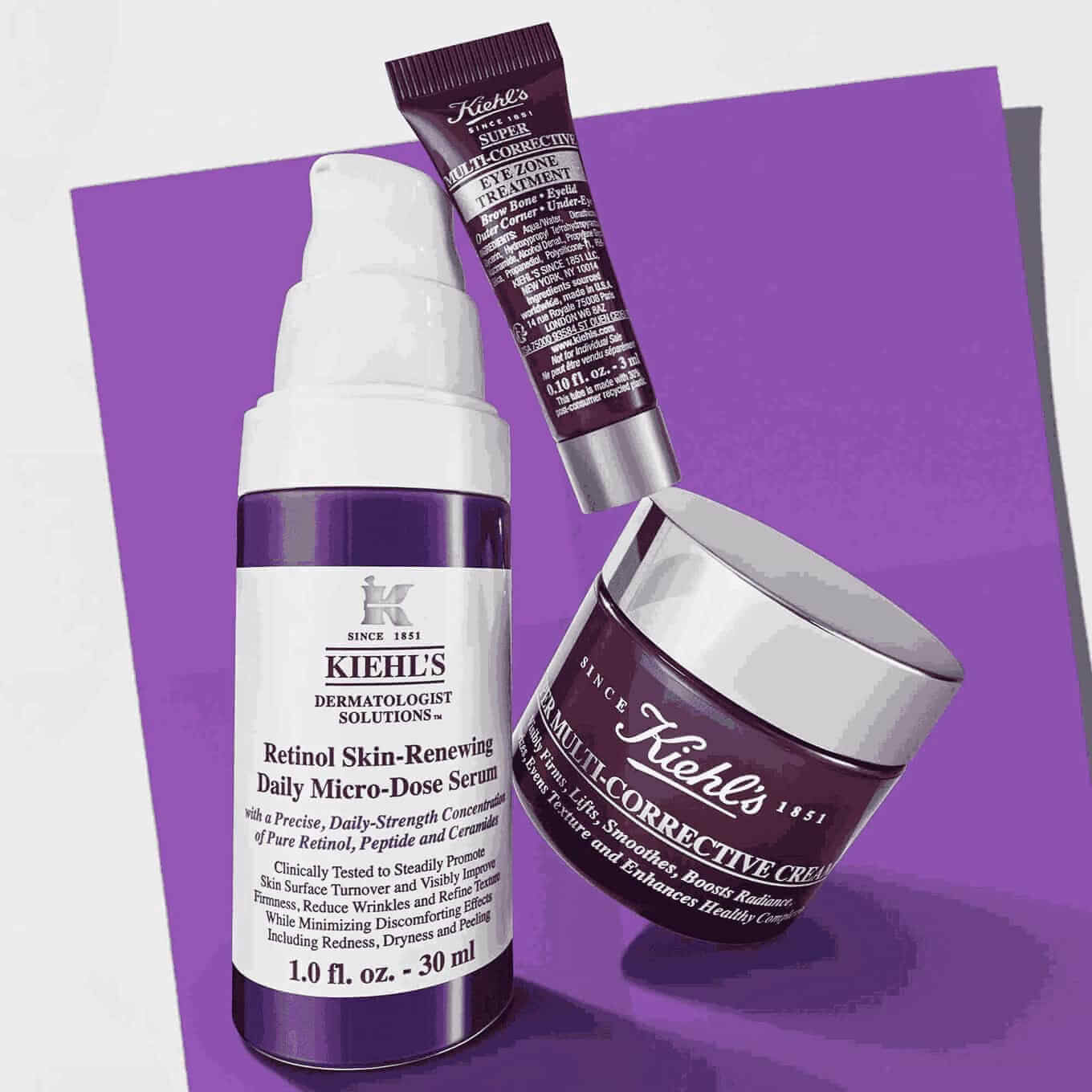 Kiehl’s "Yaşsız Uzmanlar" yuz ve goz icin yaşlanma karşıtı seti; retinol serumu, goz bakım urunu ve coklu duzeltici krem icerir.