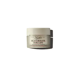 Donuk bir kavanoz ve acık renkli bir kapaktan oluşan bir grafik, uzerinde "Kiehl's BUTTERMASK FOR LIPS" etiketiyle.