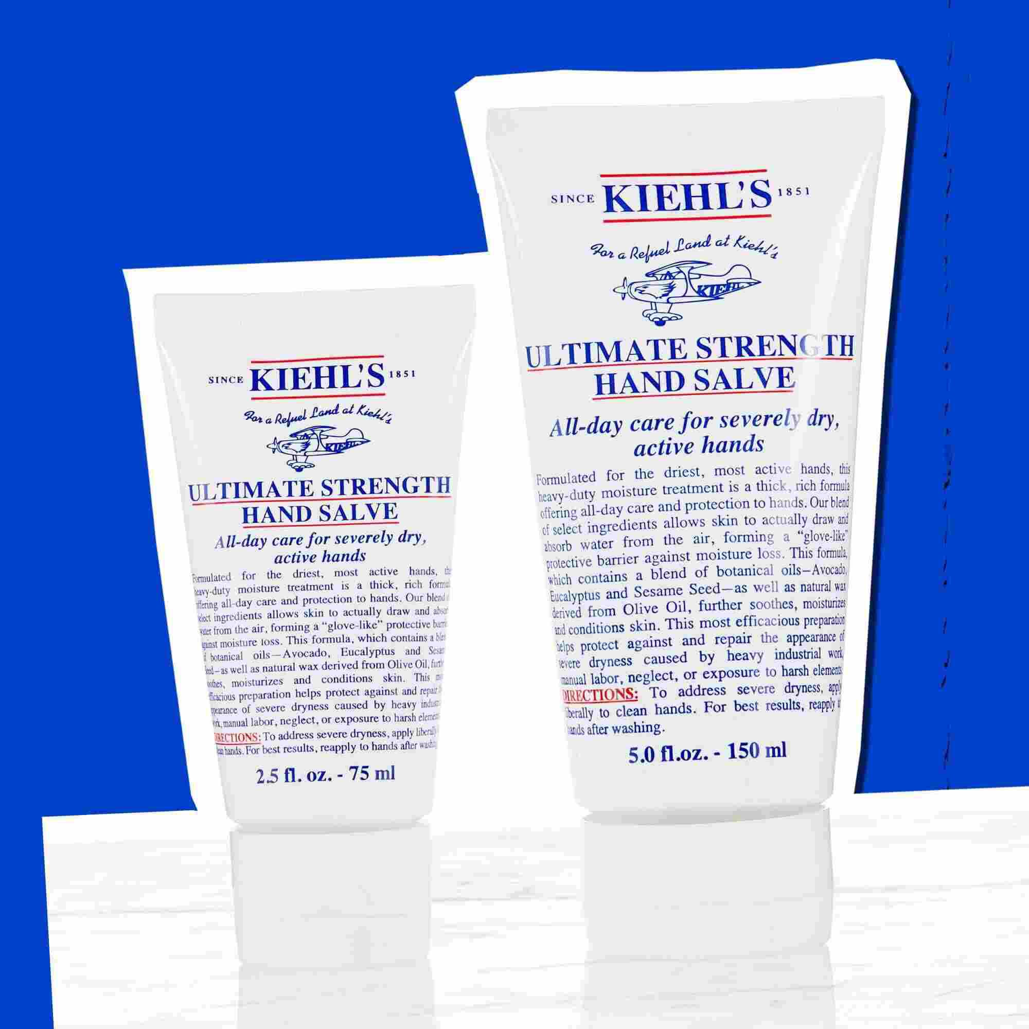 Two tubes of Kiehl's Ultimate Strength Hand Salve illustrating available sizes
