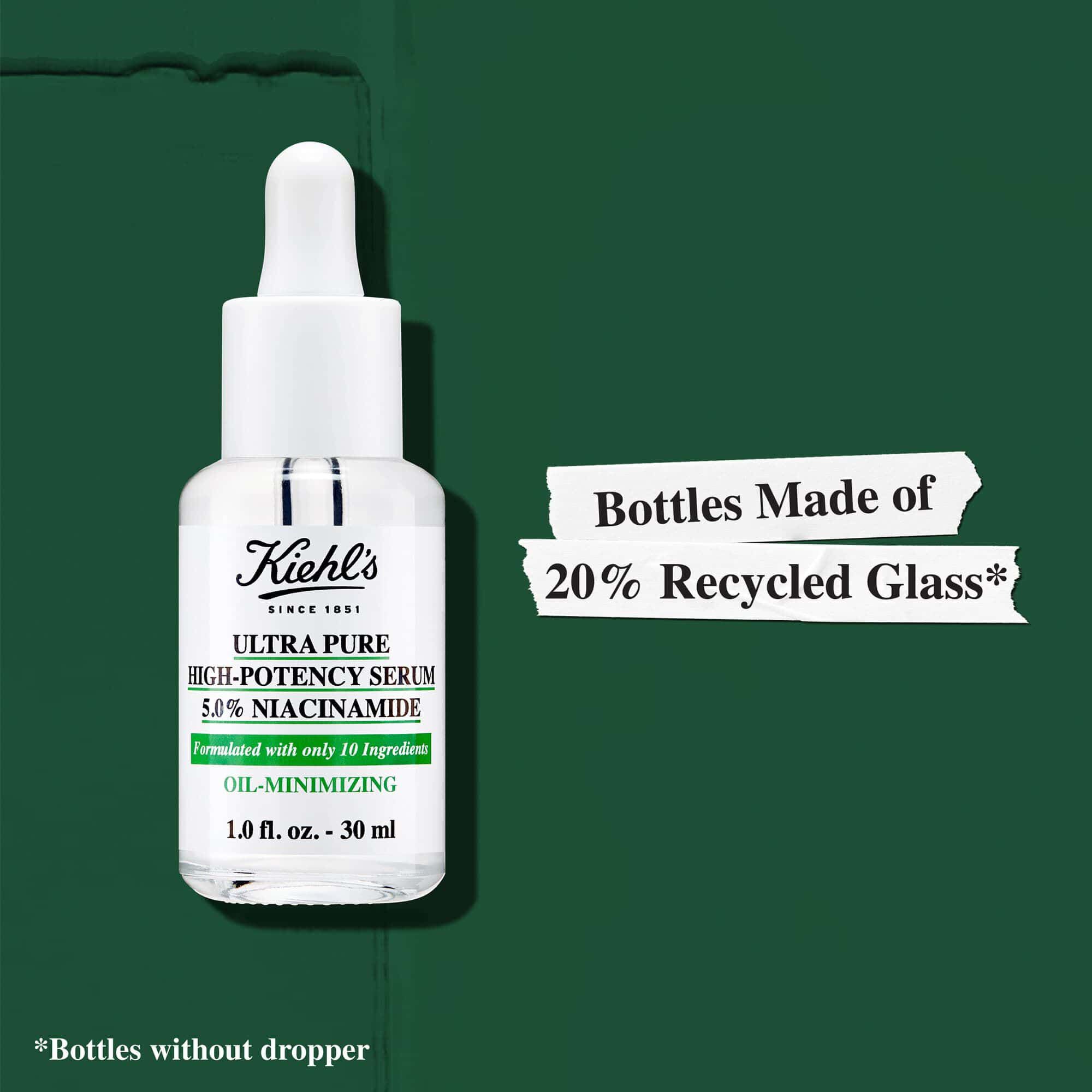 Kiehl's Ultra Pure High-Potency Serum şişeleri %20 geri donuşturulmuş camdan uretilmiştir.