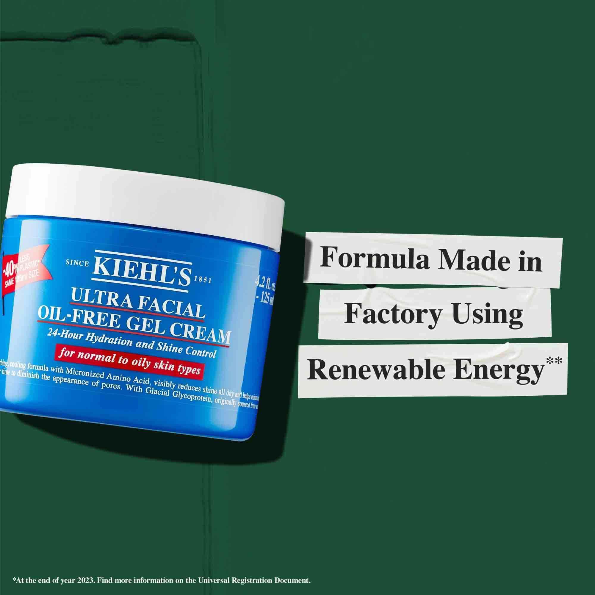 A jar of Ultra Facial Oil-Free Gel Cream with text reading "Formula Made in Factory Using Renewable Energy."