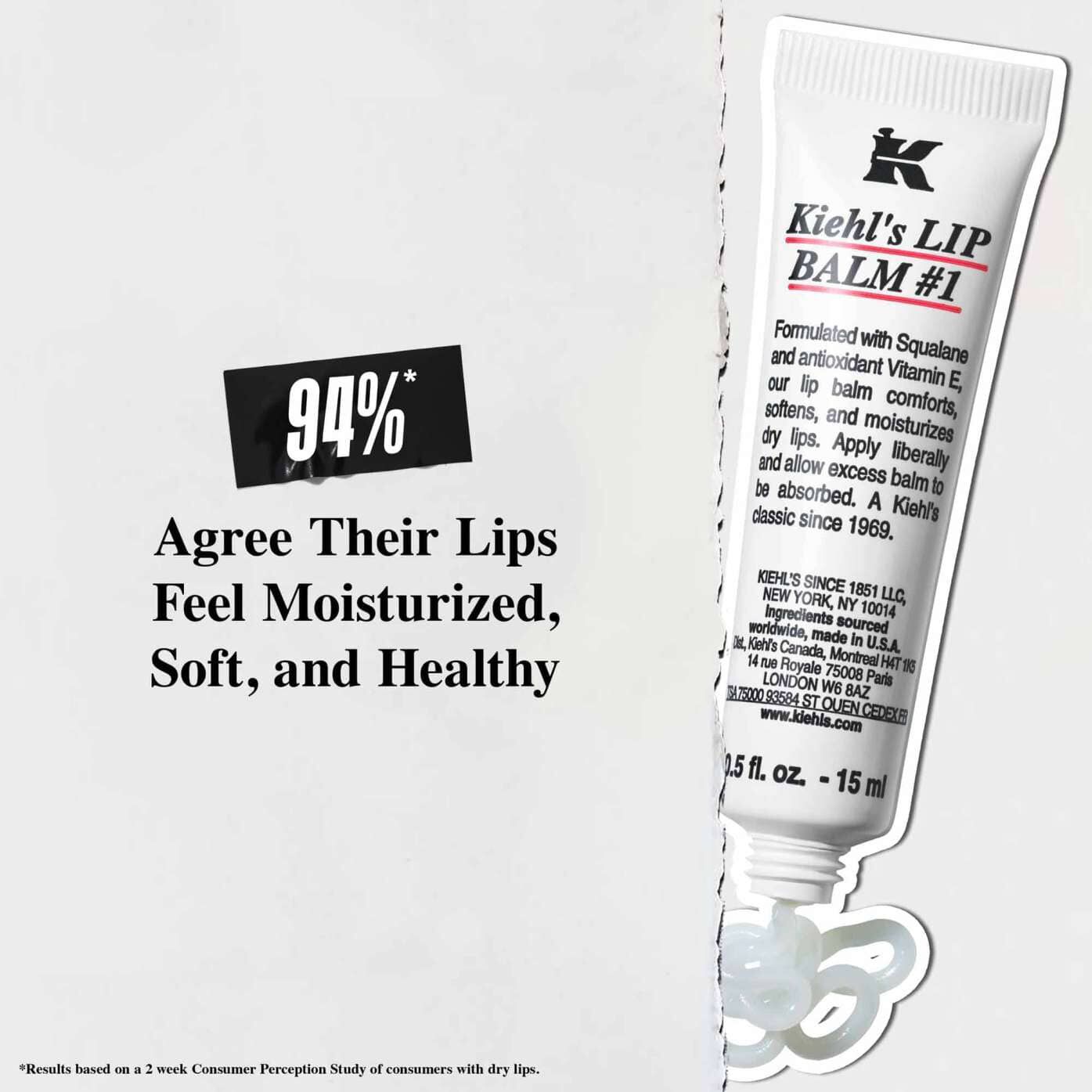 A tube of Lip Balm #1 against a white background with text reading "94% agree their lips feel moisturized, soft, and healthy."
