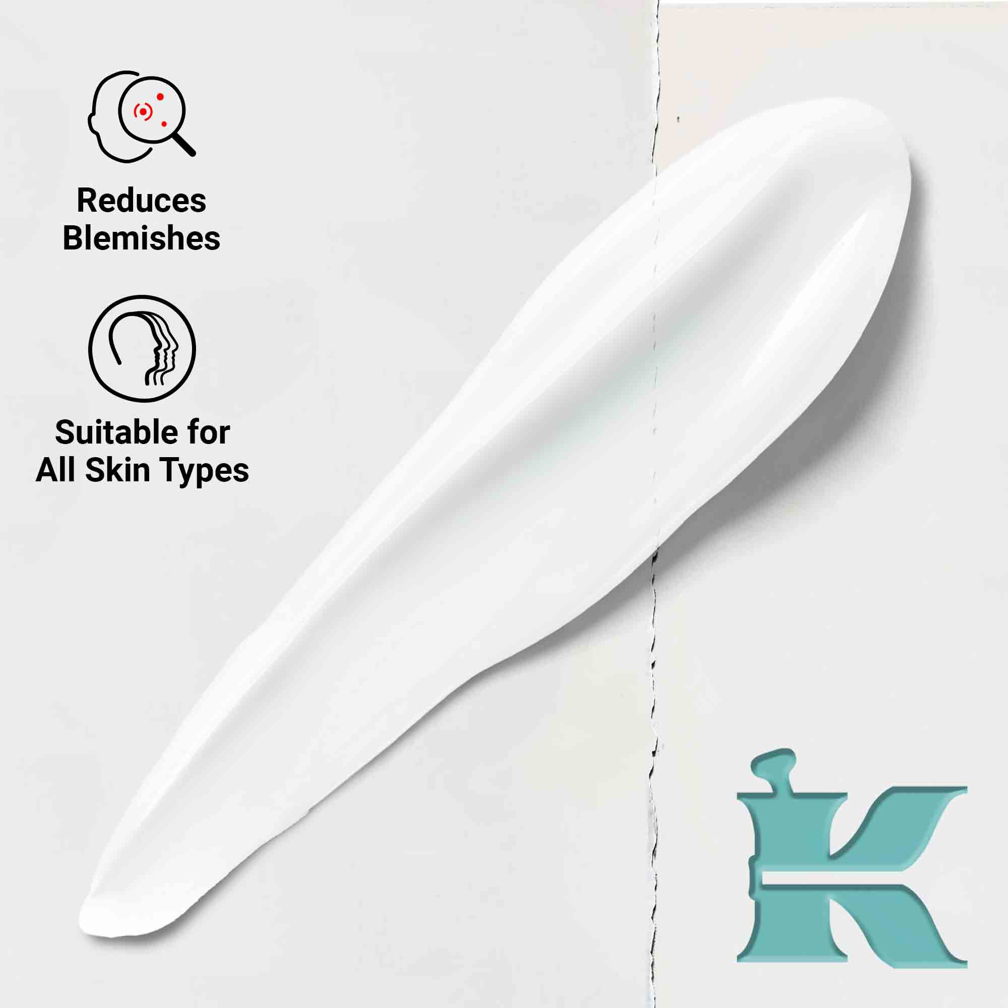 A close-up of the Expertly Clear Blemish-Treating & Preventing Lotion texture swipe showing a creamy formula. Text highlights its ability to reduce blemishes and suitability for all skin types.