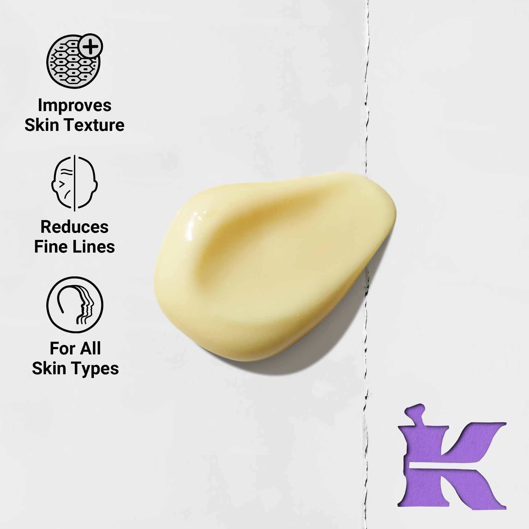Texture photo with icons stating it reduces fine lines and is formulated for all skin types