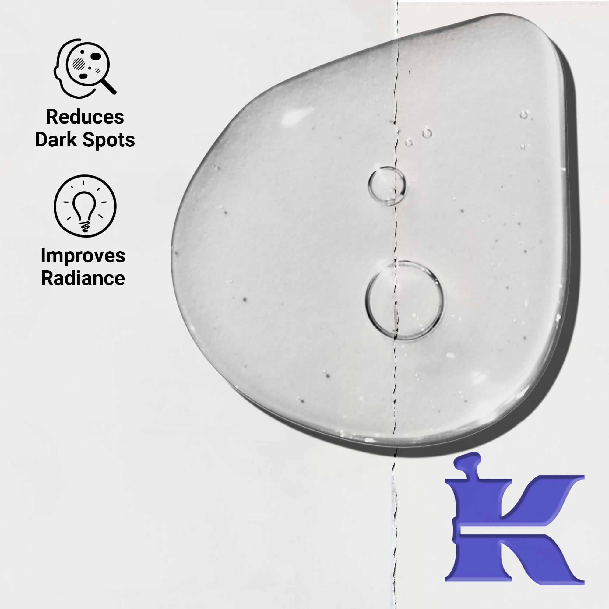 Close-up of Clearly Corrective Dark Spot Solution texture showing clear liquid drops.