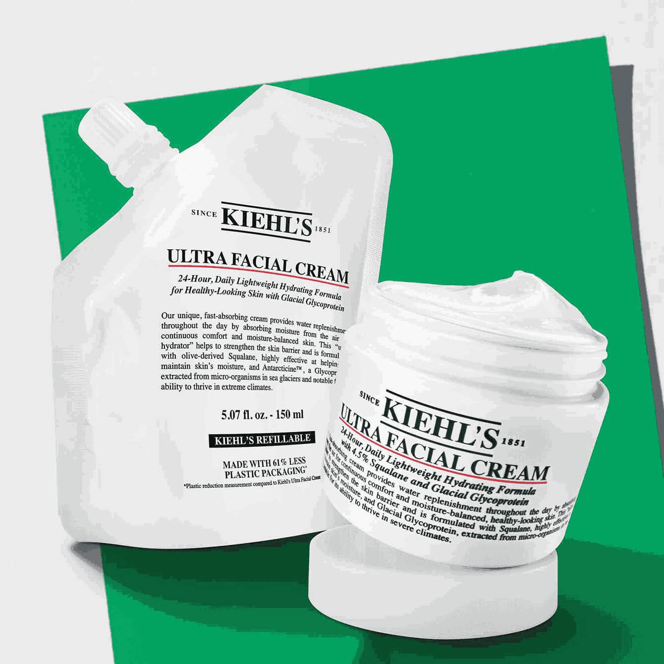 Kiehl's Ultra Facial Cream kavanozu ve yeniden doldurma kesesi, cilt bariyerini guclendirmek ve 72 saatlik nem sağlamak icin onerilir.