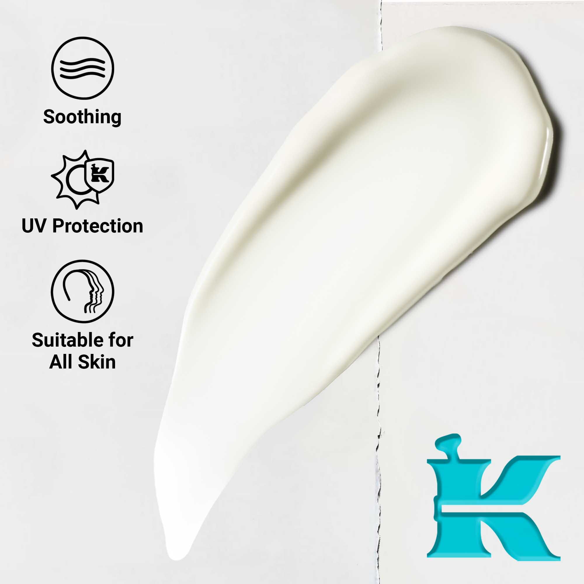 Ultra Light Daily UV Defense Aqua Gel dokusunu yakından gosteren bir goruntude hafif, kremsi formul one cıkıyor. Metin, yatıştırıcı ve UV koruma faydalarını vurgulayarak tum cilt tiplerine uygun olduğunu belirtiyor.