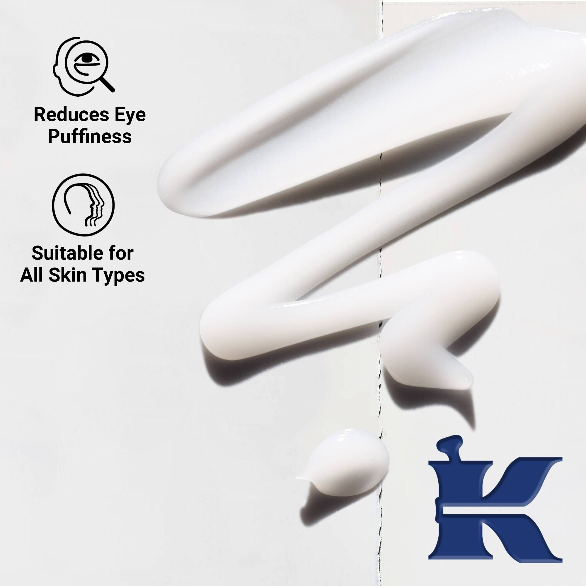 Facial Fuel Eye Fuel dokusunun yakından gorunumu, krem formulunu gosteriyor. Metin, ince cizgileri ve şişkinliği azaltma ozelliğini ve tum cilt tiplerine uygunluğunu vurguluyor.