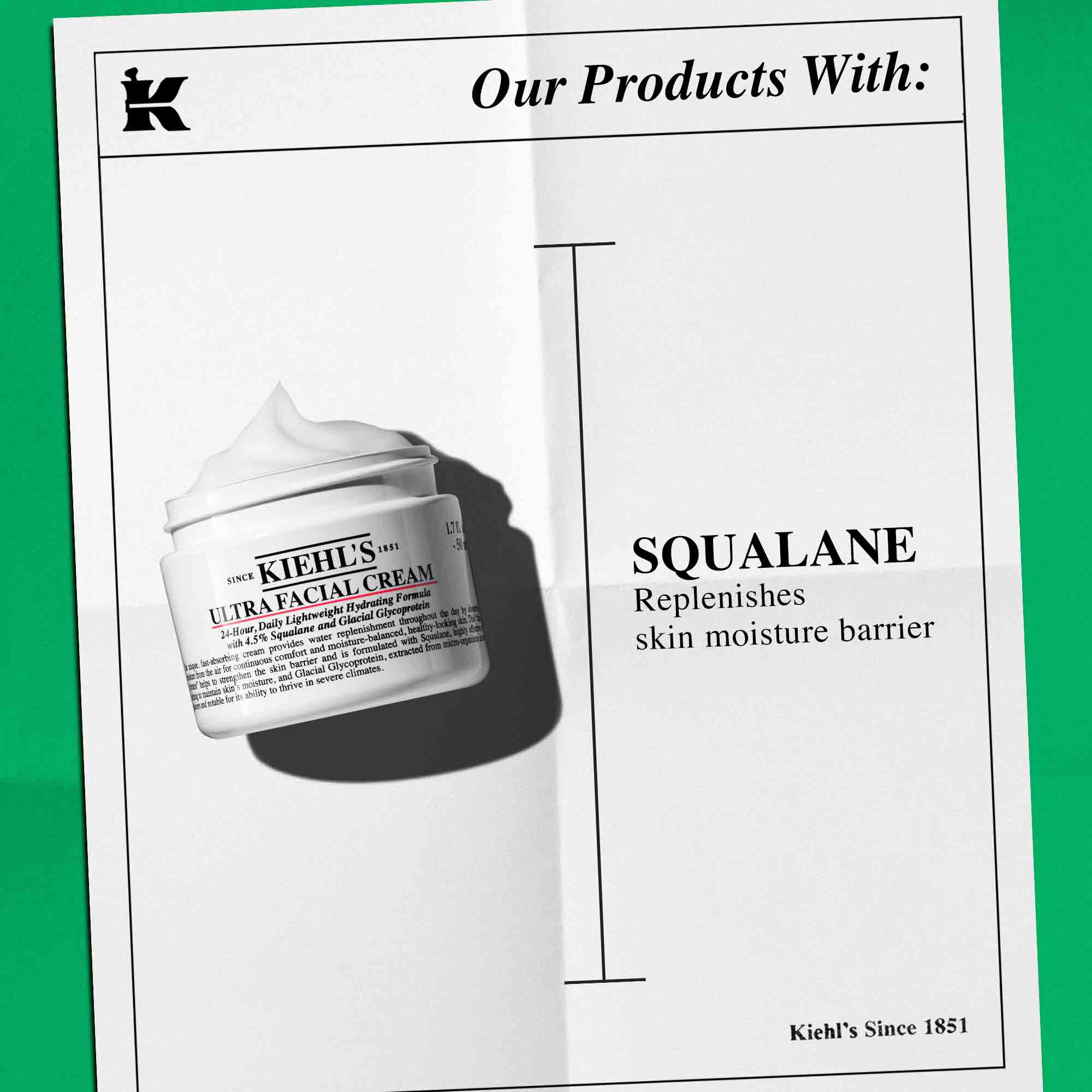 Kiehl's Ultra Facial Cream, cildin nem bariyerini yenileyen temel bileşen Squalane ile one cıkıyor.