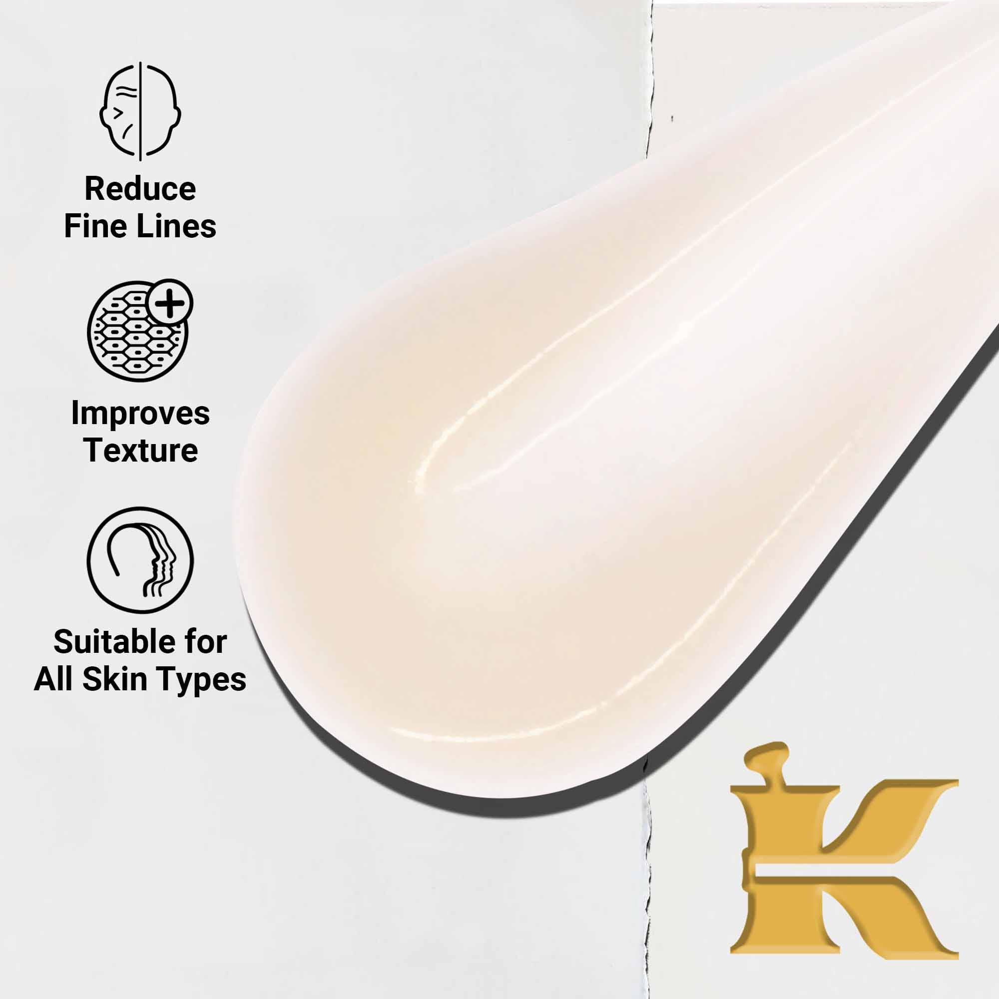 A close-up of Powerful-Strength Line-Reducing Concentrate texture swipe. Text highlights its ability to reduce fine lines, improve texture, and suitability for all skin types.