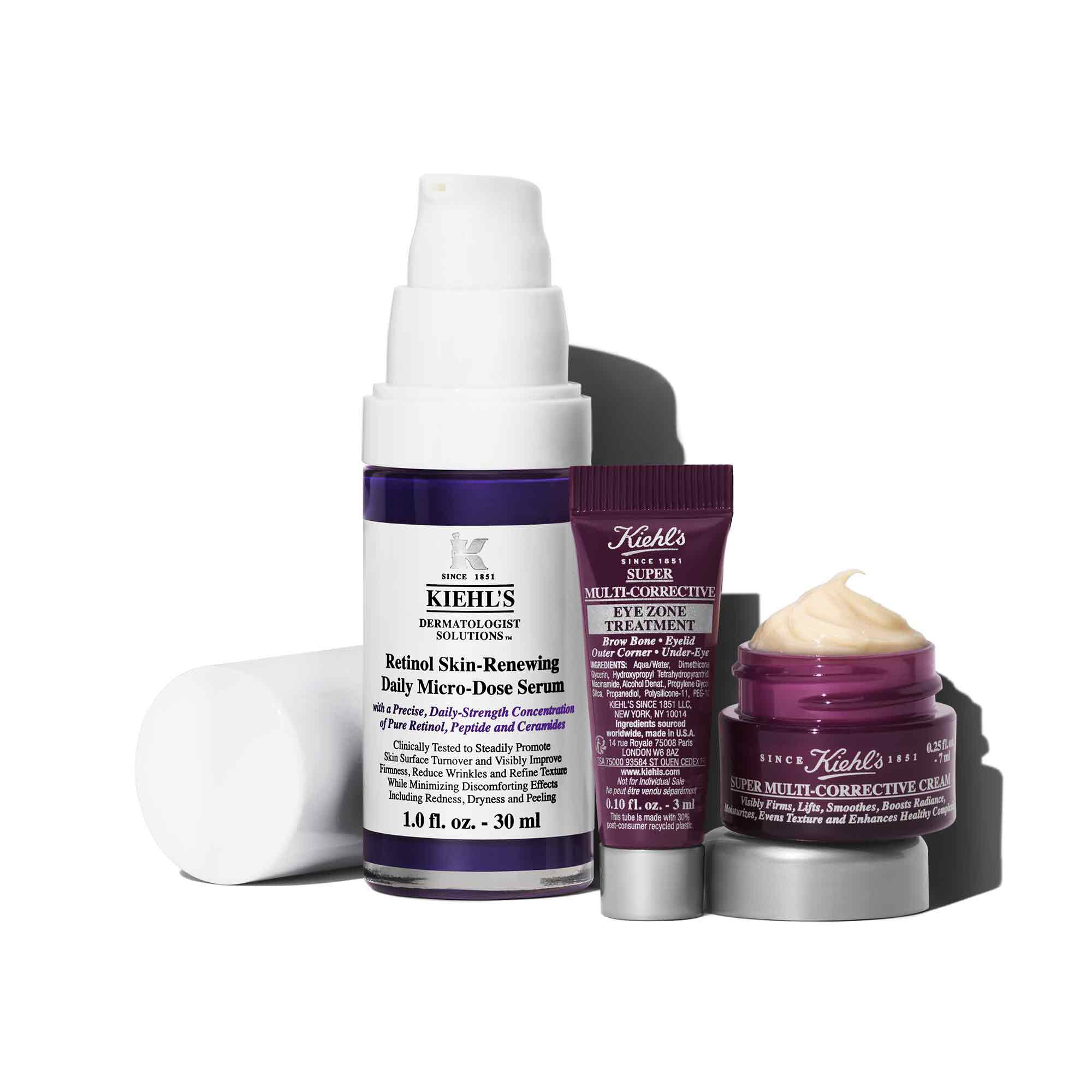 Retinol serum, goz kremi ve cok yonlu duzeltici krem iceren Kiehl's yaşlanma karşıtı seti; daha genc gorunen bir cilt icin.