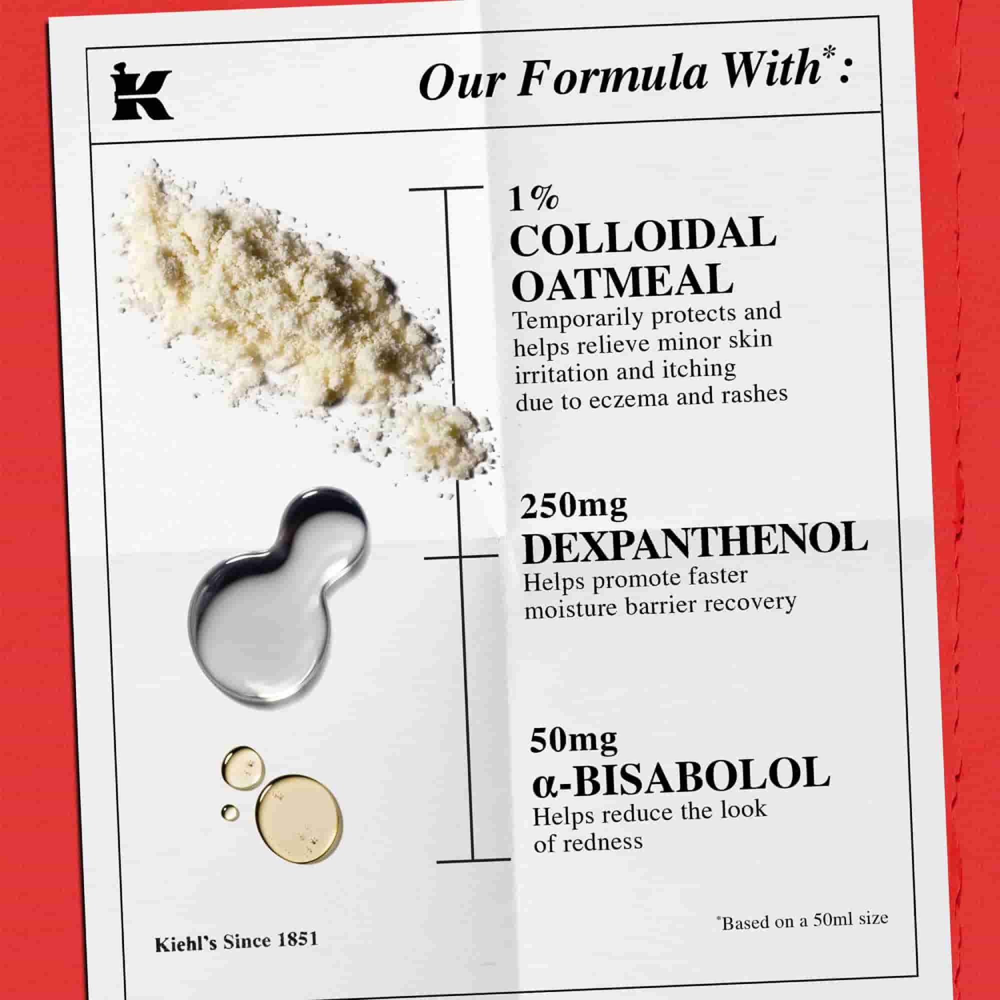 Kırmızı arka plan uzerinde beyaz bir sayfa ve başlık “Formulumuz Şunları İcerir*:” ile birlikte uc bileşen: %1 Kolloidal Yulaf (egzama ve dokuntulere bağlı olarak oluşan cilt tahrişi ve kaşıntısını gecici olarak korur ve hafifletir), 250mg Dekspantenol (nem bariyerinin daha hızlı iyileşmesine yardımcı olur) ve 50mg α-Bisabolol (kızarıklık gorunumunu azaltmaya yardımcı olur). Yulaf tozu, berrak bir sıvı ve altın renkli bir sıvı gorsellerini icerir. En altta “Kiehl’s Since 1851” ve “*50ml boyutu baz alınmıştır.” yazısı bulunmaktadır.