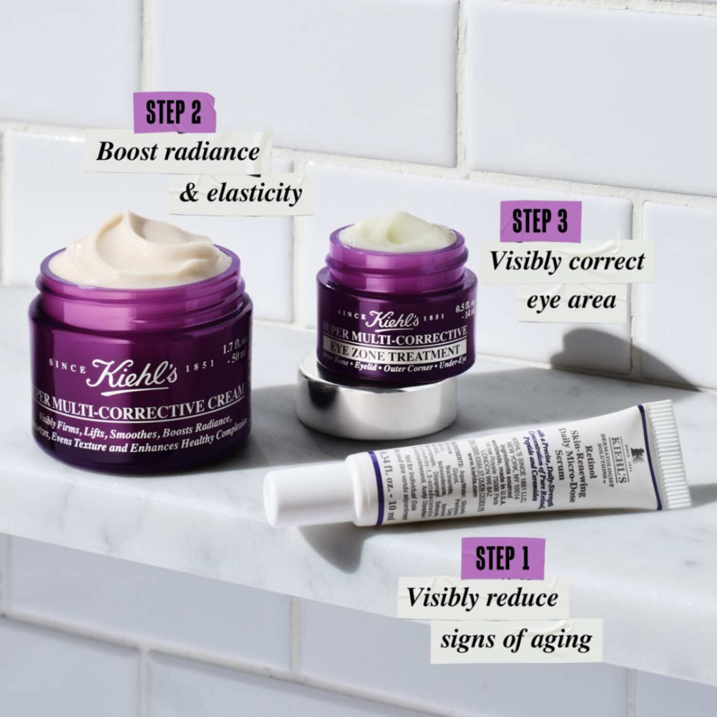 Adım 1 Retinol Skin-Renewing Daily Micro-Dose Serum, Adım 2 Super Multi-Corrective Cream, Adım 3 Super Multi-Corrective Eye Zone Treatment​