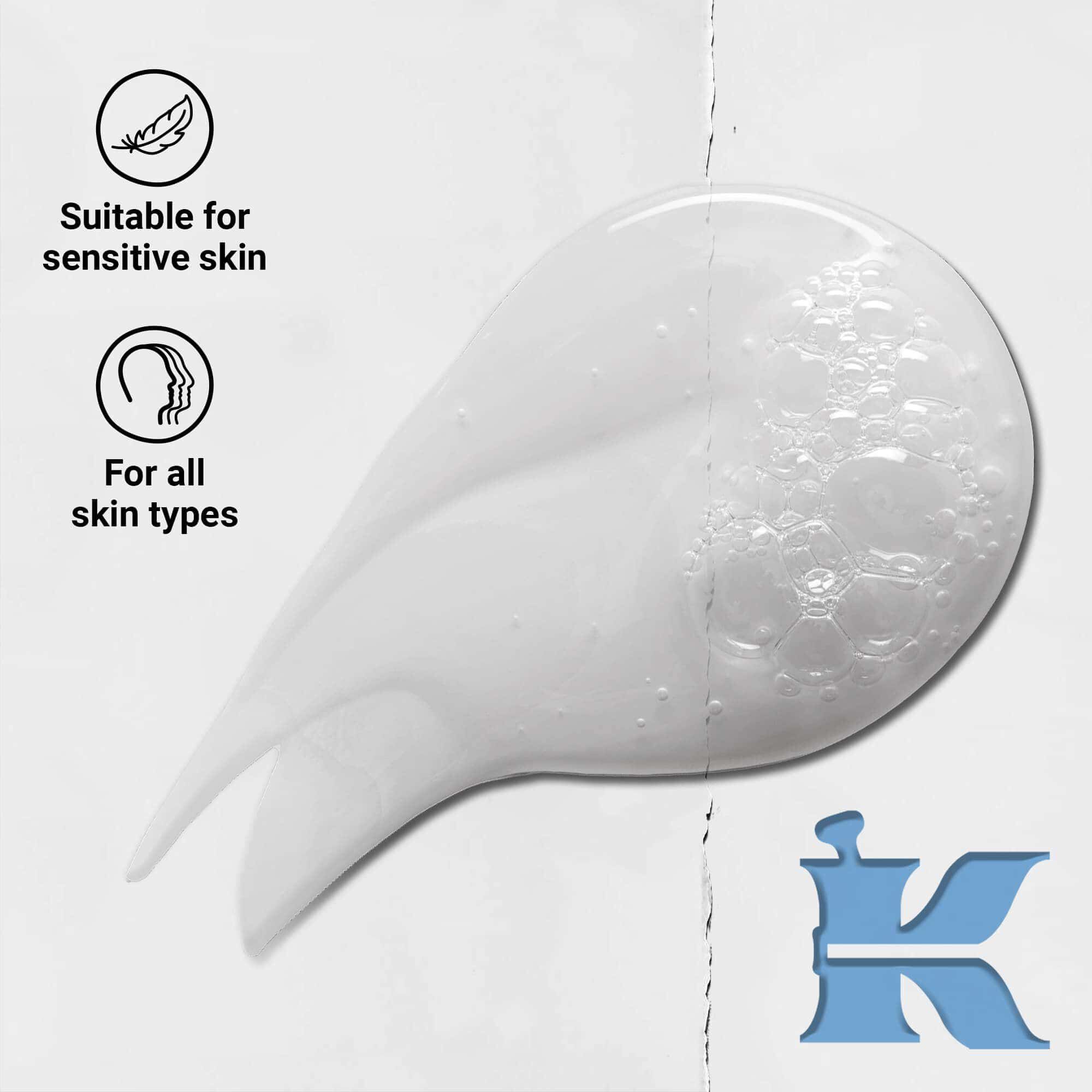 Kiehl's Ultra Facial Cleanser texture photo with icons: for all skin types & sensitive skin