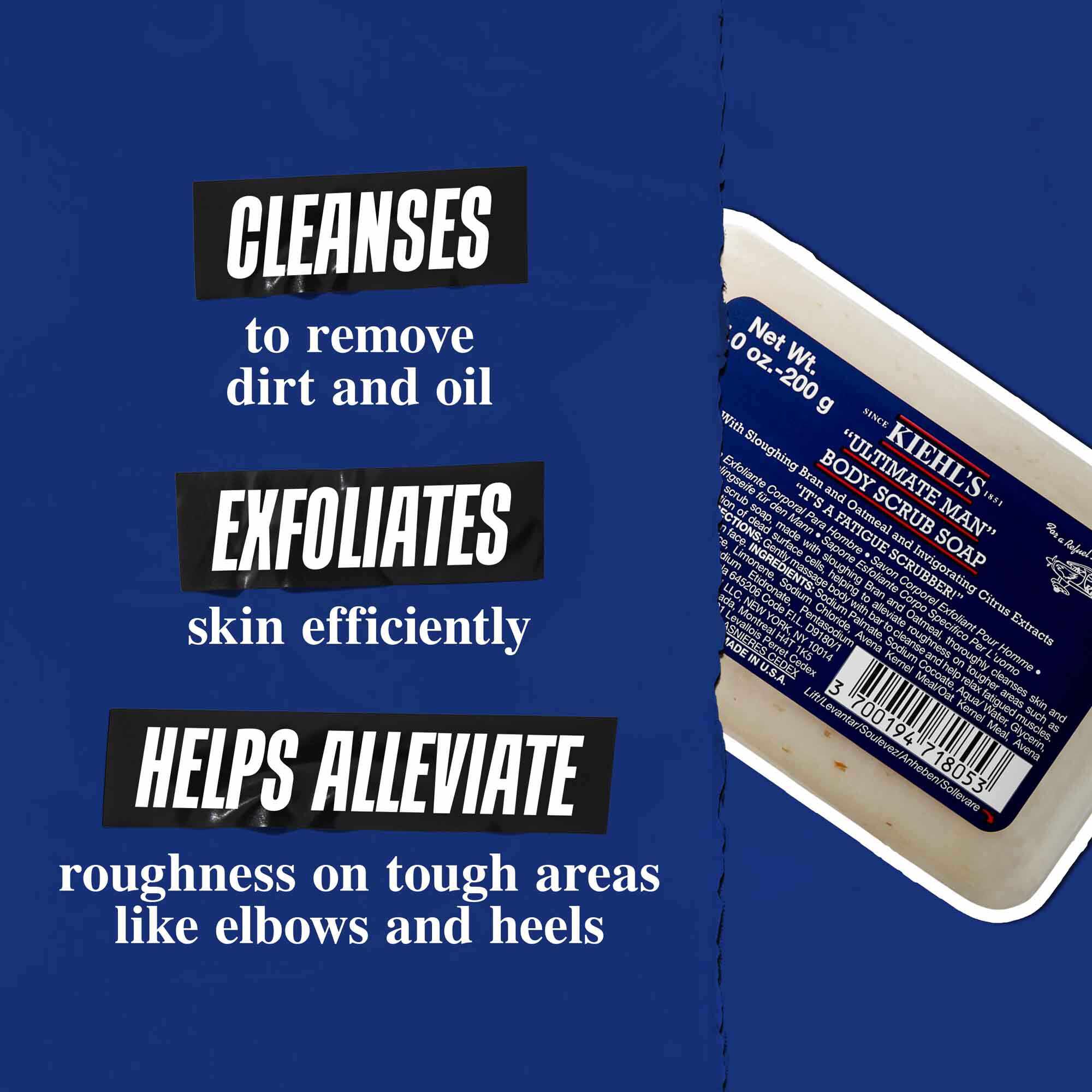 Ultimate Man Body Scrub Soap koyu mavi bir arka plan uzerinde şoyle bir metinle: "Kir ve yağı temizler Cildi etkili bir şekilde arındırır ve dirsekler ile topuk gibi sert bolgelerdeki puruzleri gidermeye yardımcı olur."
