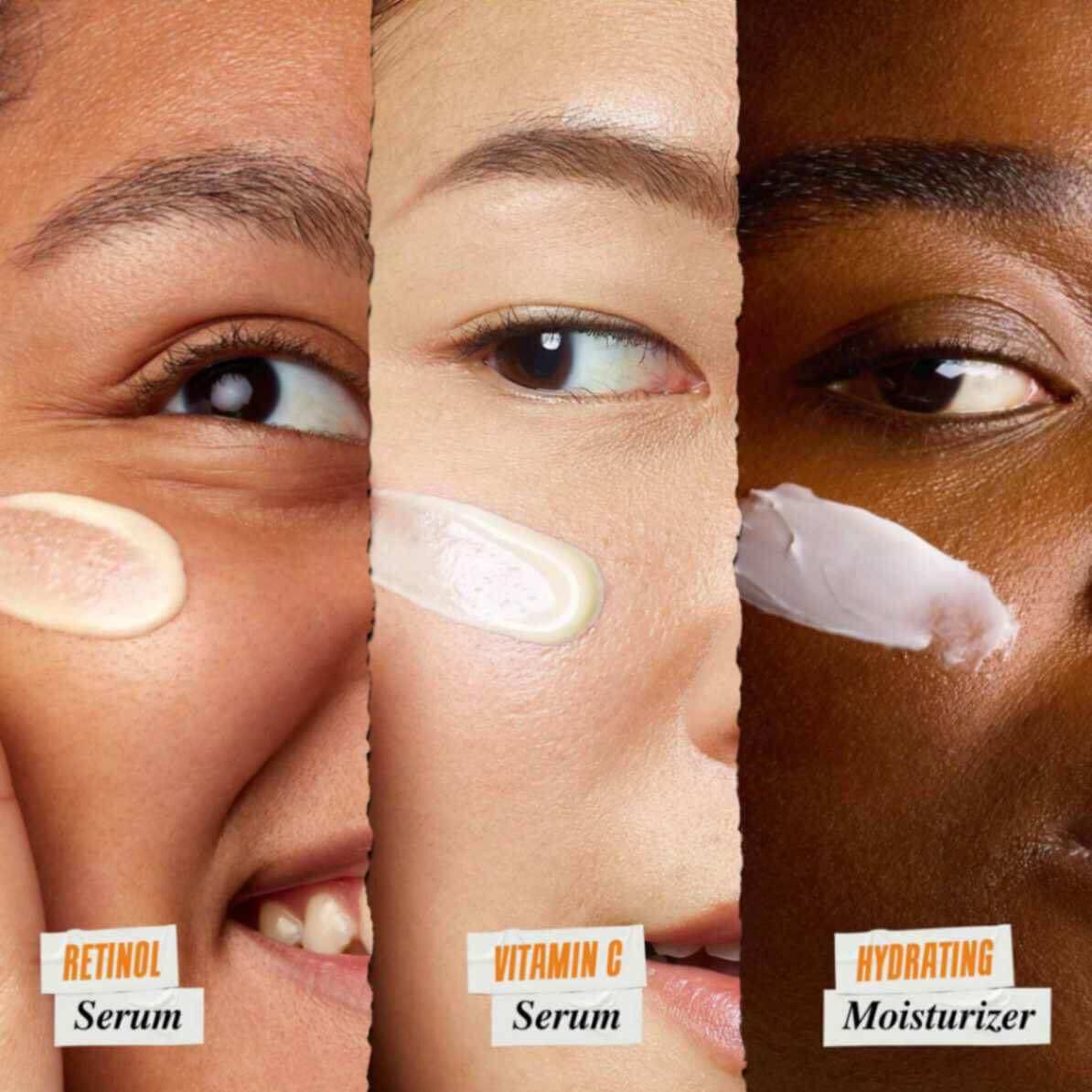 Retinol, Serum ve Nemlendirici dokuları uc farklı cilt tonunda