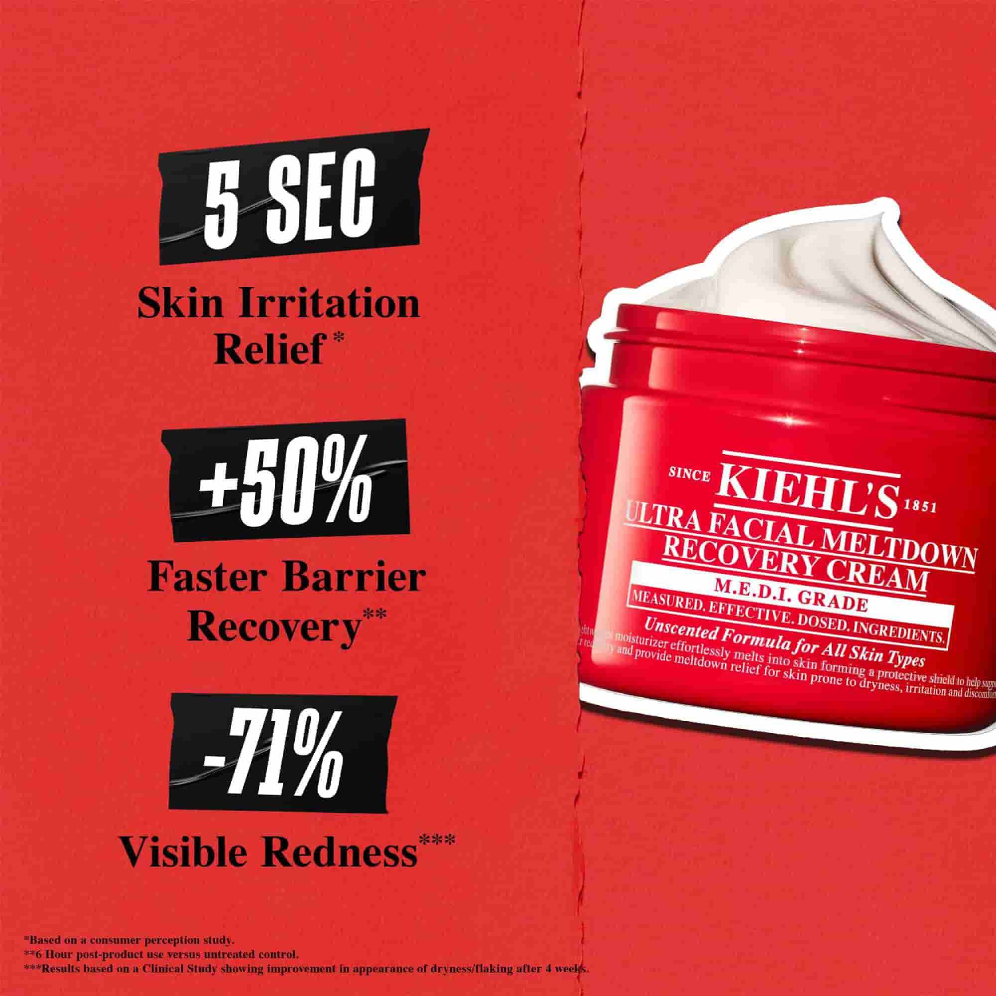 Kırmızı bir arka plan uzerinde Kiehl’s Ultra Facial Meltdown Recovery Cream Whip kavanozu. Metinde şu ifadeler yer alıyor: “5 sn Hassasiyet Giderici,” “%50 Daha Hızlı Bariyer Onarımı,” ve “%71 Daha Az Gorunur Kızarıklık.” Kucuk yazılı bir acıklama alt kısımda yer alıyor.
