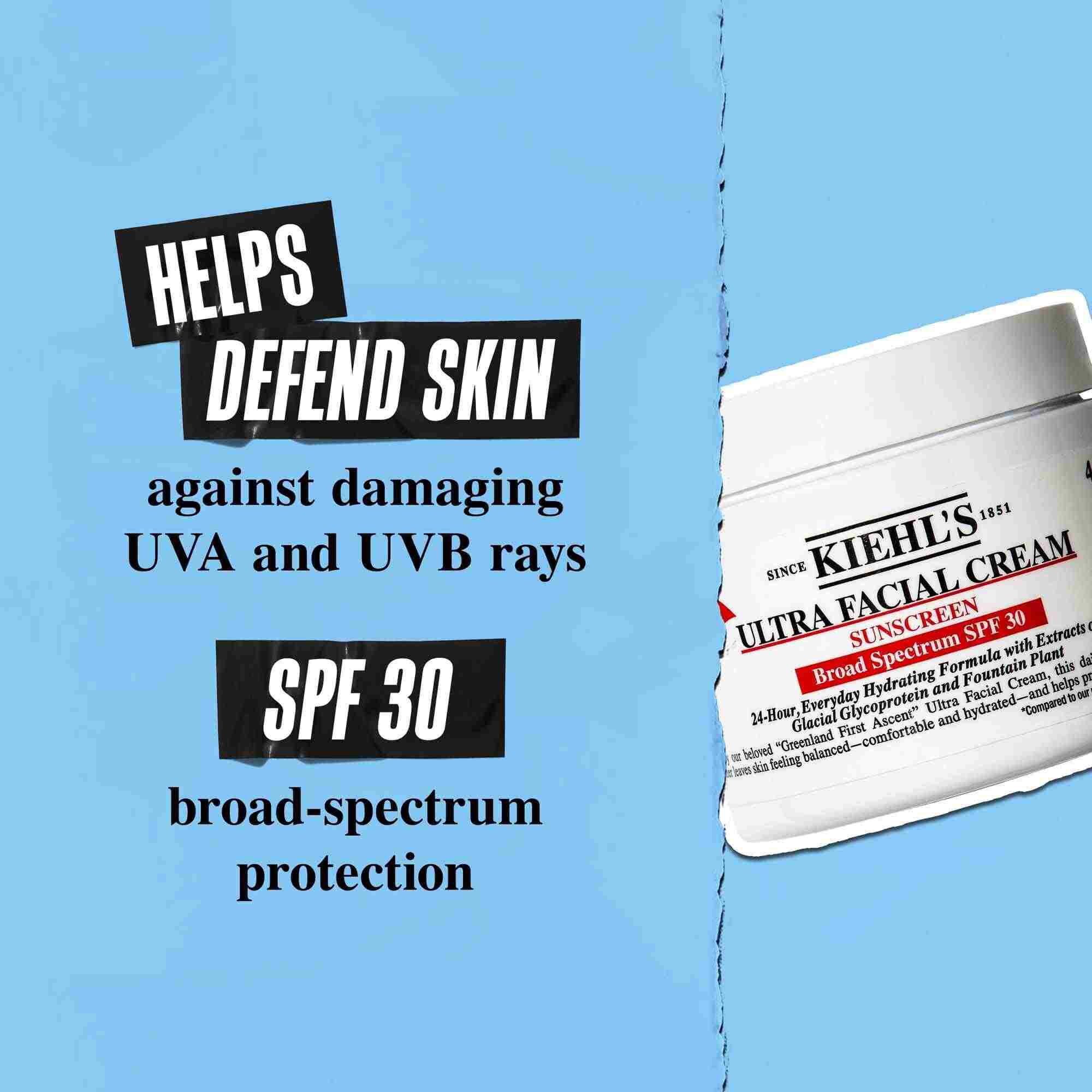 A jar of Ultra Facial Cream SPF 30 against a blue background with text reading "Helps defend skin against damaging UVA and UVB rays. SPF 30 broad-spectrum protection."