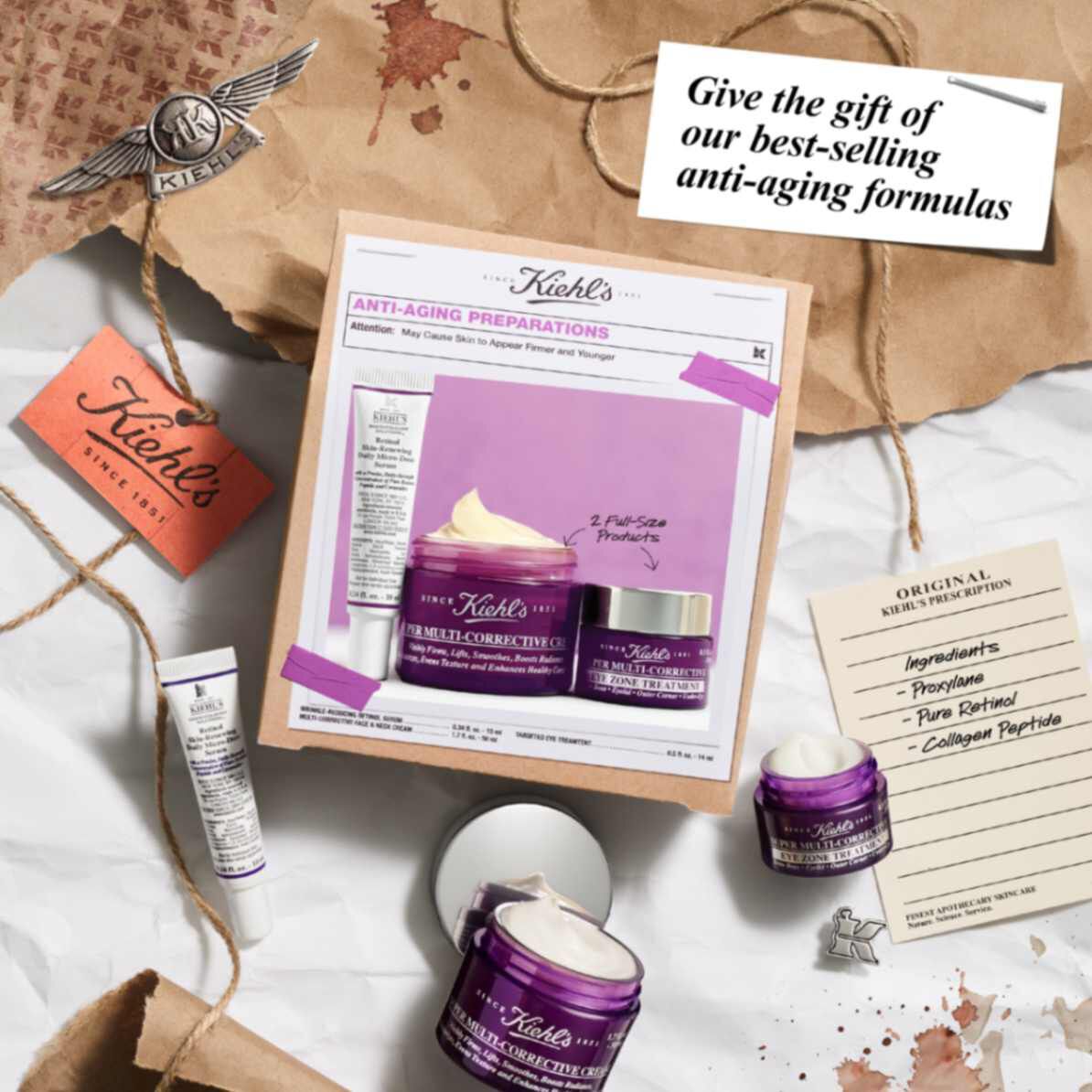 Kağıdın uzerinde ceşitli unsurlarla cevrili Anti-Aging Preparations Set Kutusu.