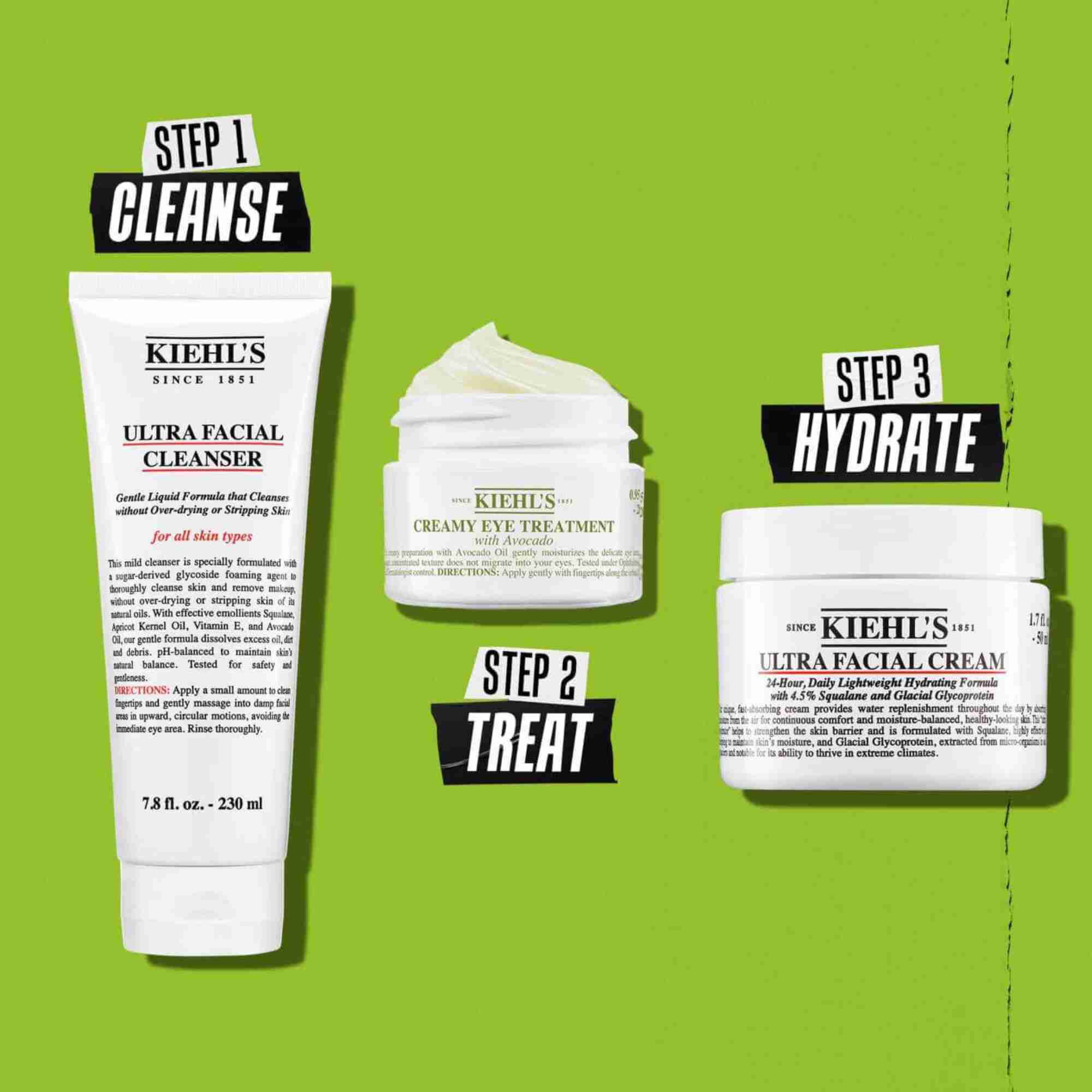 Kiehl's Creamy Eye Treatment with Avocado routine – Step 1 Cleanse Step 2 Treat Step 3 Hydrate