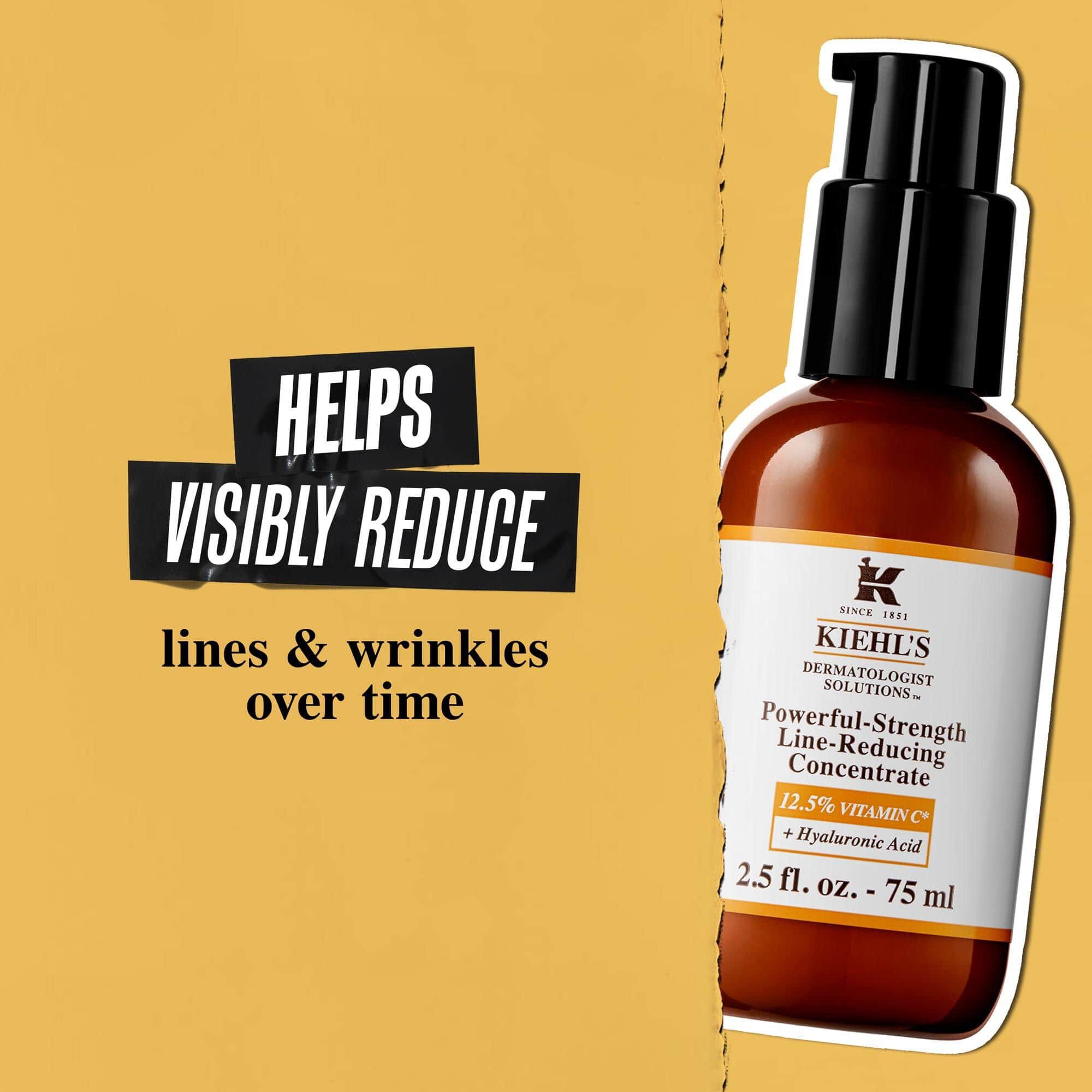 A bottle of Powerful-Strength Line-Reducing Concentrate against a gold background. Text reads, "Helps Visibly Reduce lines & wrinkles over time."