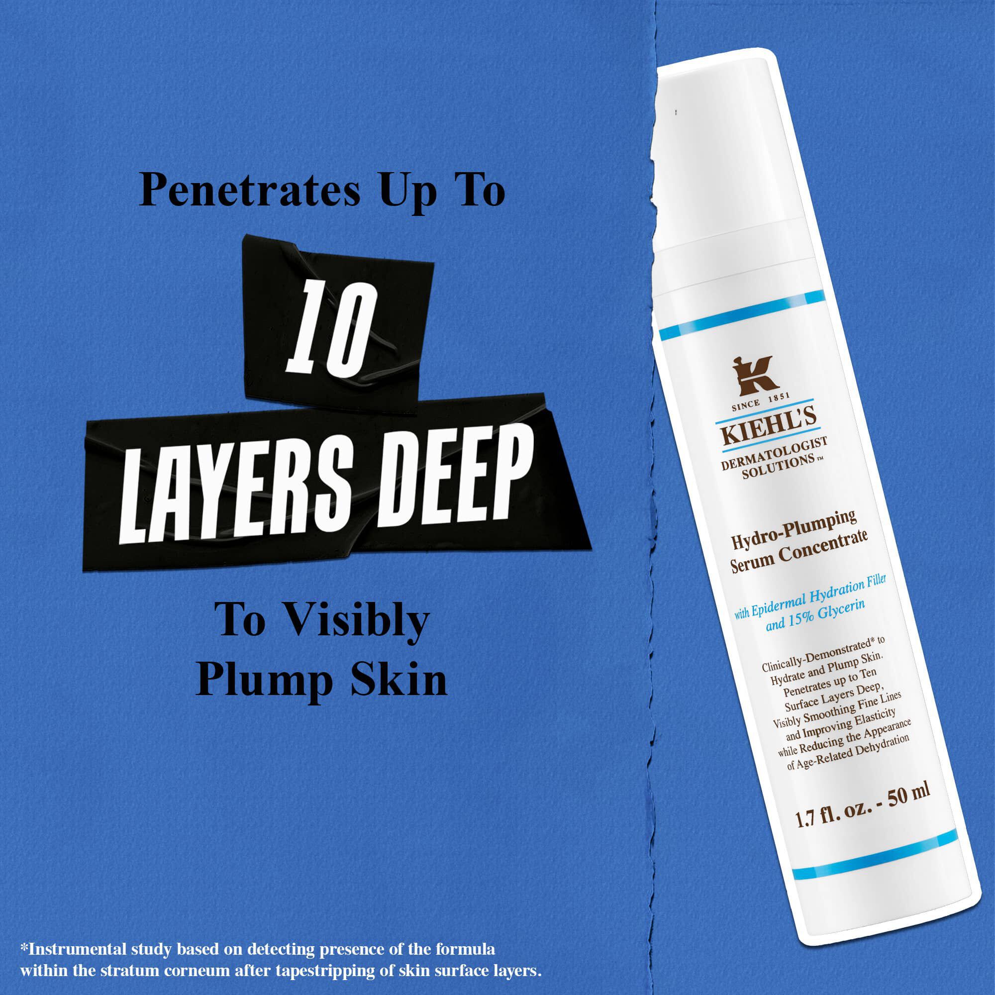 Kiehl's Hydro Plumping Serum Concentrate, cildin 10 katmanına kadar nufuz ederek cildi gozle gorulur şekilde dolgunlaştırır.