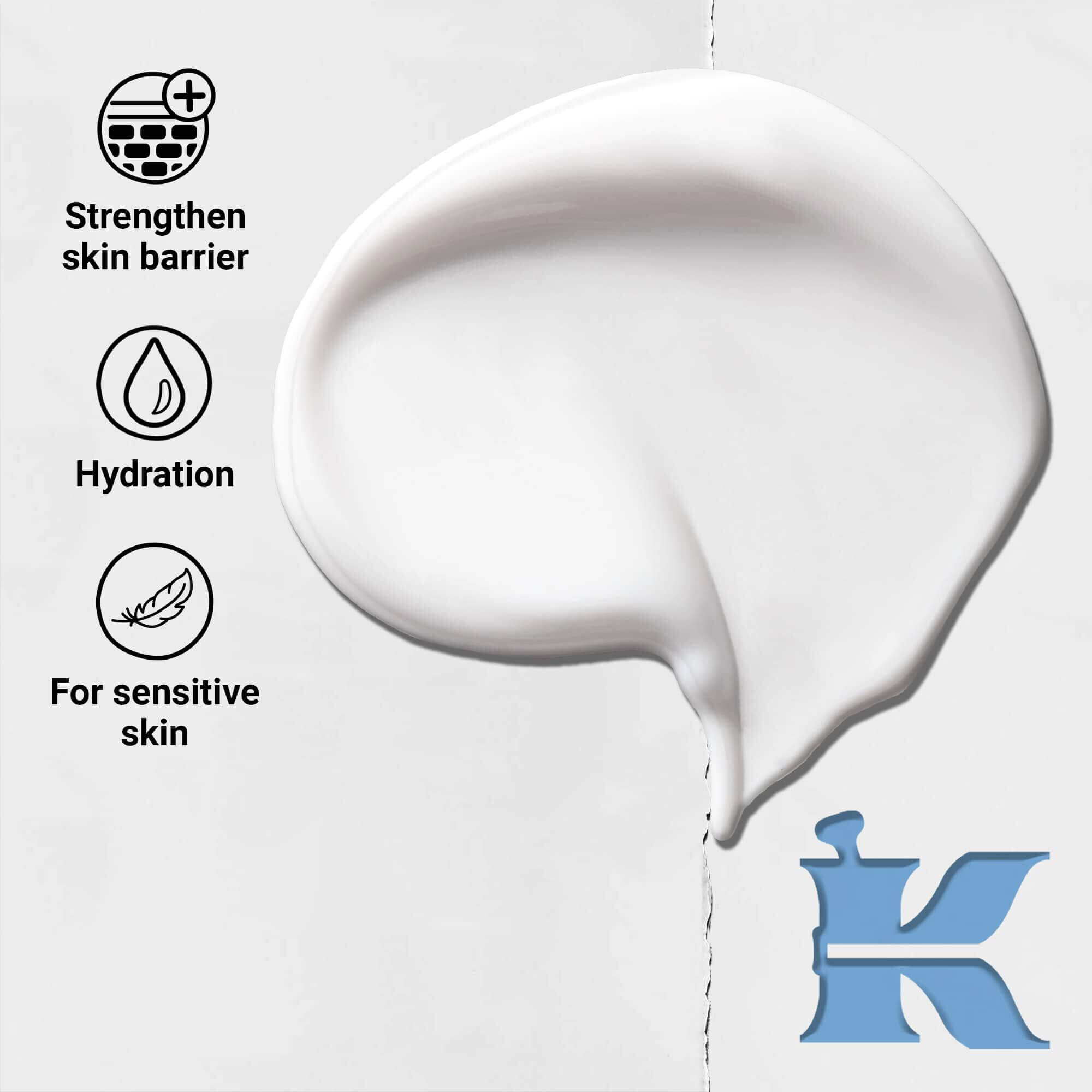 Ultra Facial Moisturizer texture photo & icons: strengthens skin barrier, hydration, sensitive skin