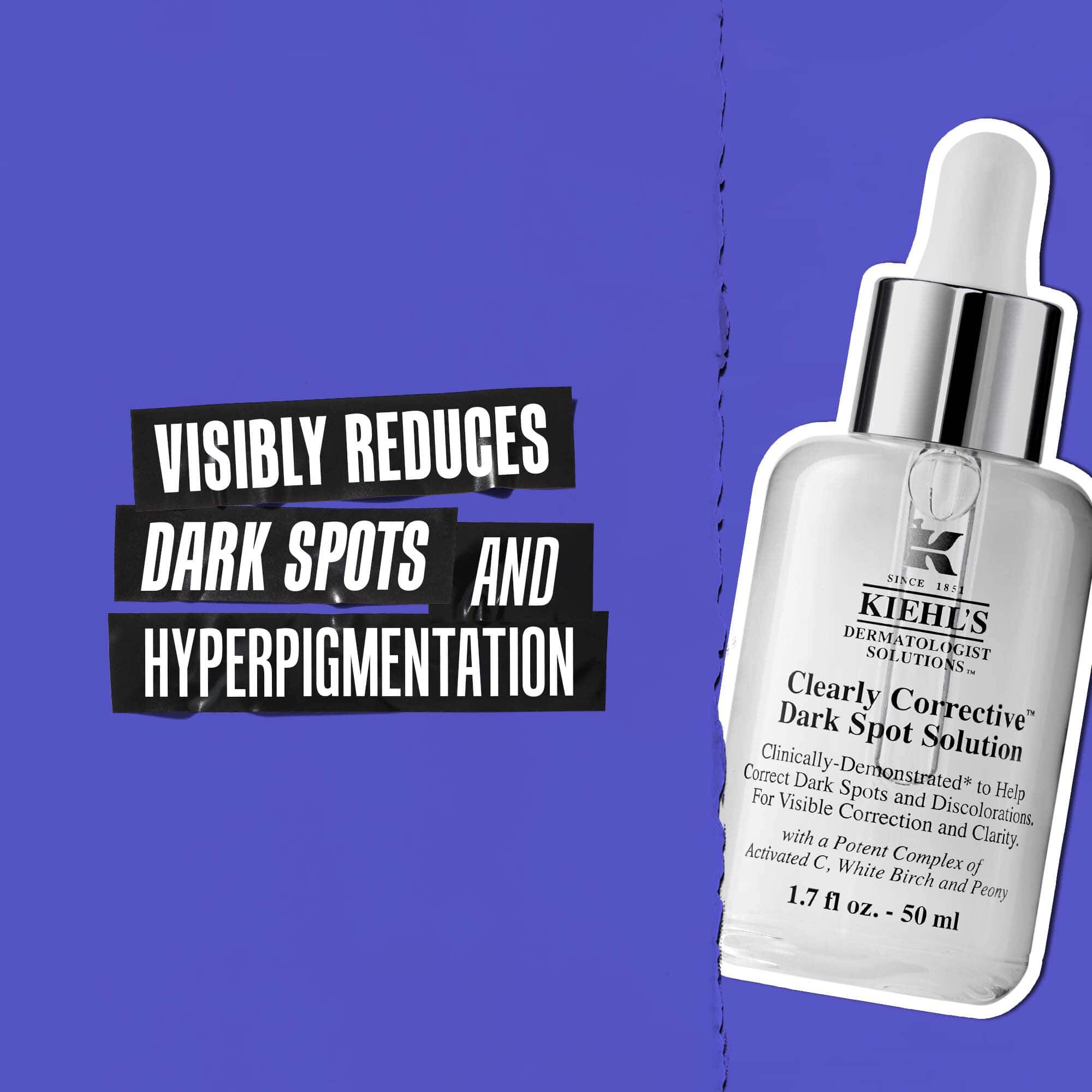 Bottle of Clearly Corrective Dark Spot Solution with text: Visibly Reduces Dark Spots and Hyperpigmentation.